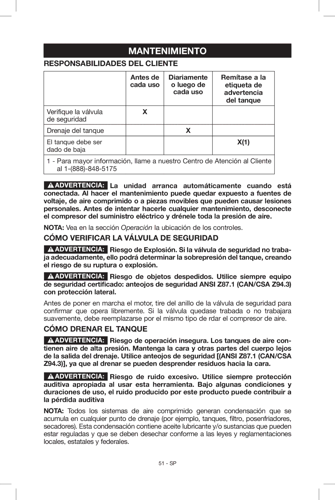 Porter-Cable C2004, N034163 Mantenimiento, Responsabilidades del cliente, Cómo verificar la válvula de seguridad 