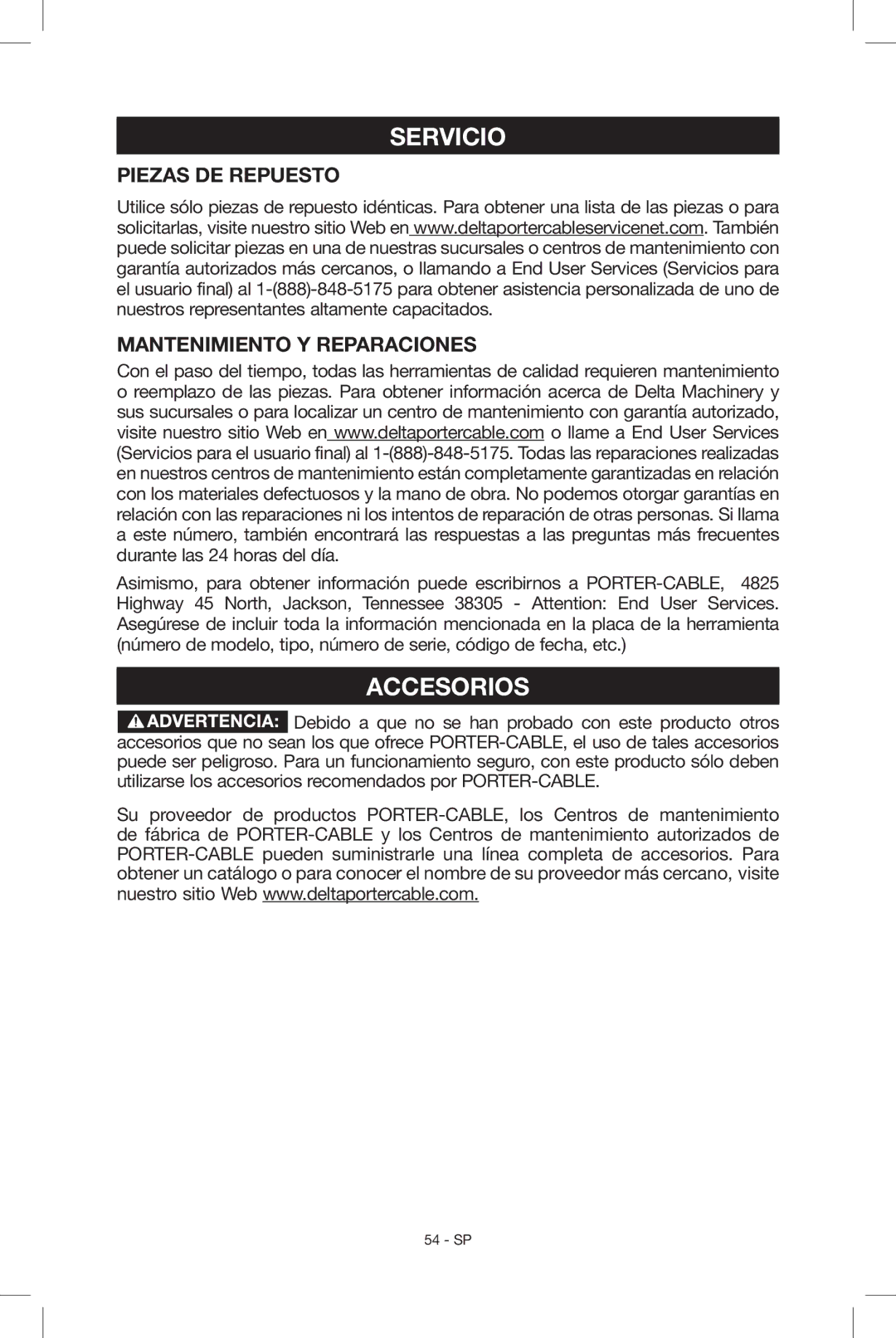 Porter-Cable N034163, C2004 instruction manual Servicio, Accesorios, Piezas DE Repuesto Mantenimiento Y Reparaciones 