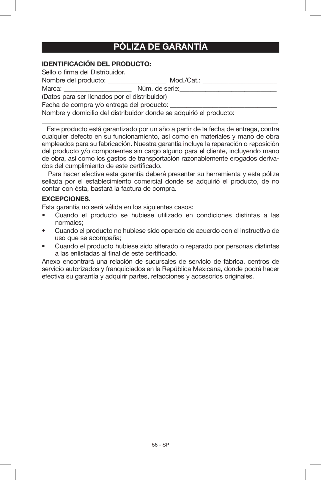 Porter-Cable N034163, C2004 Póliza de Garantía, Identificación DEL Producto Sello o firma del Distribuidor 