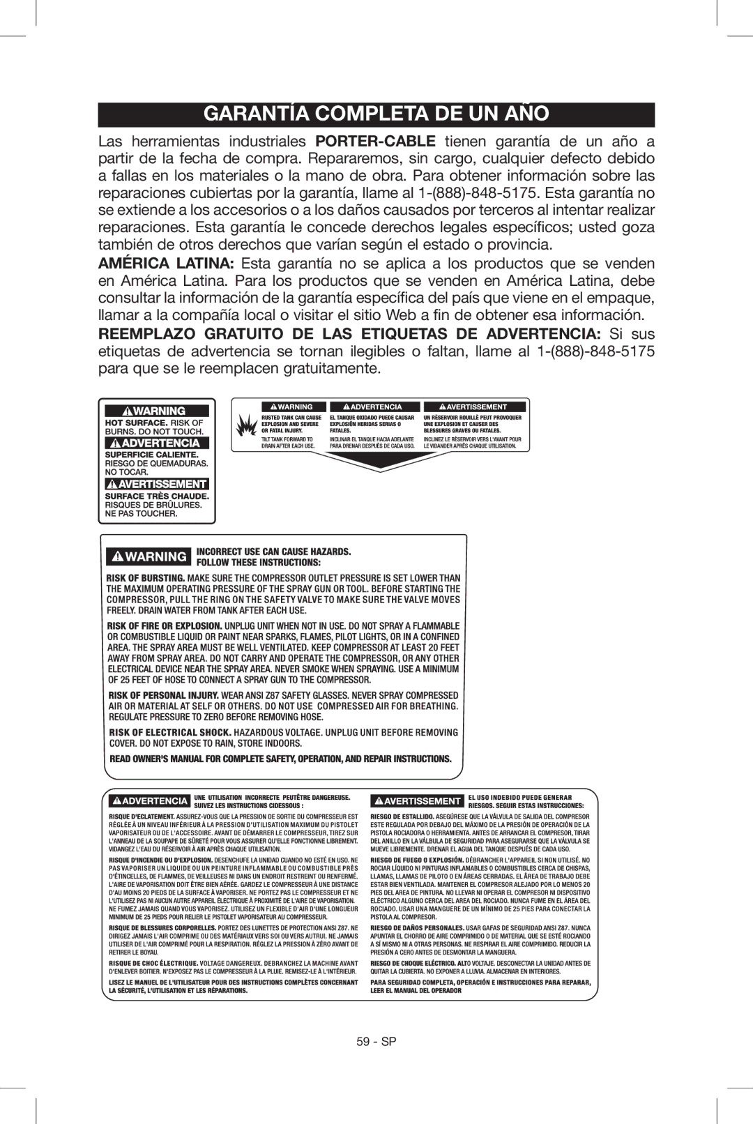 Porter-Cable C2004, N034163 instruction manual Garantía completa de un año 