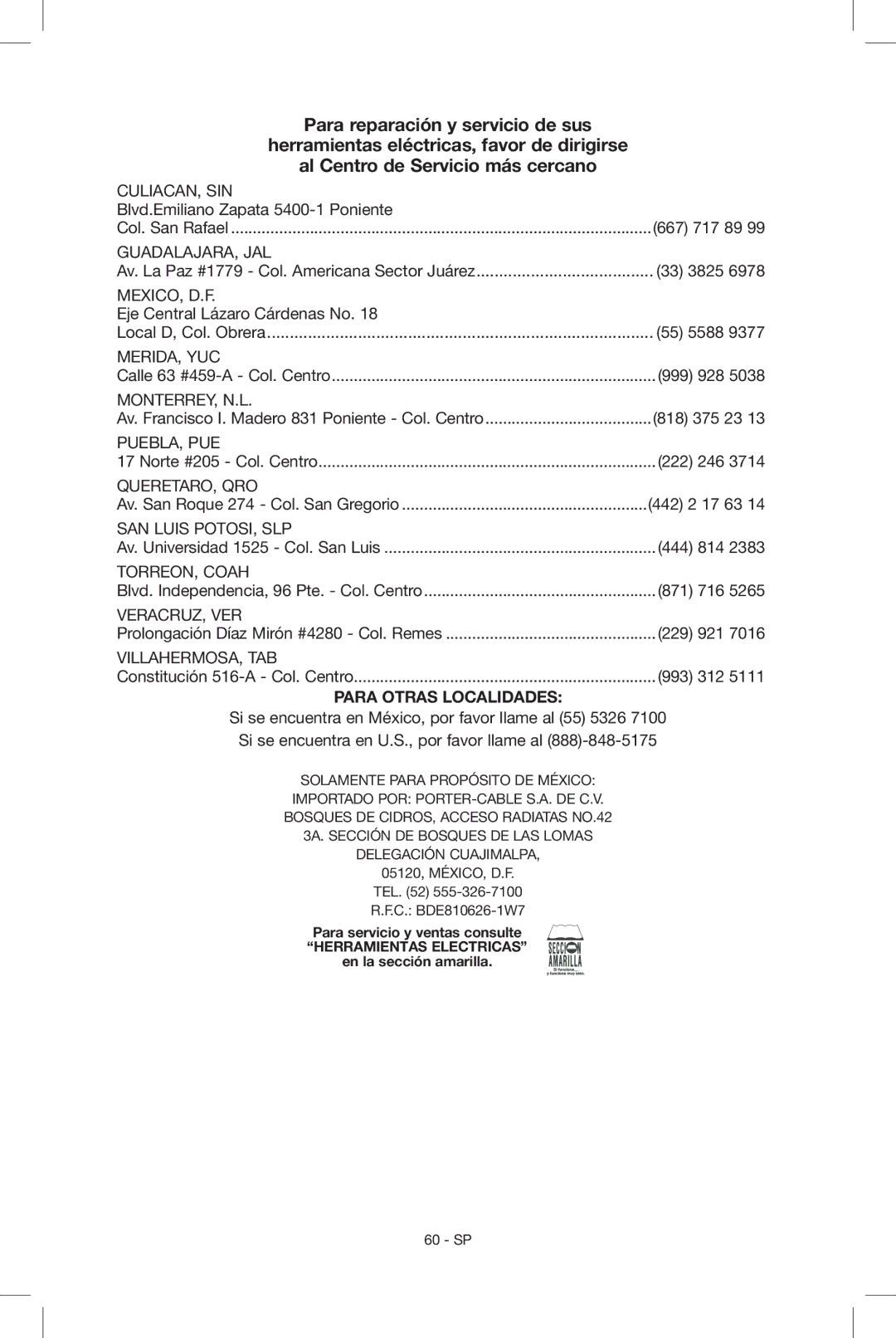 Porter-Cable N034163, C2004 instruction manual Para Otras Localidades 