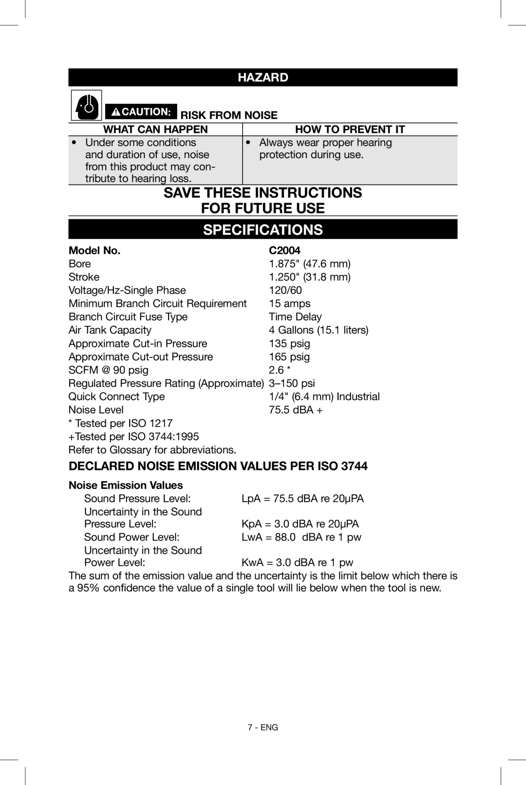 Porter-Cable N034163 instruction manual Specifications, Declared Noise Emission Values per ISO, Model No C2004 