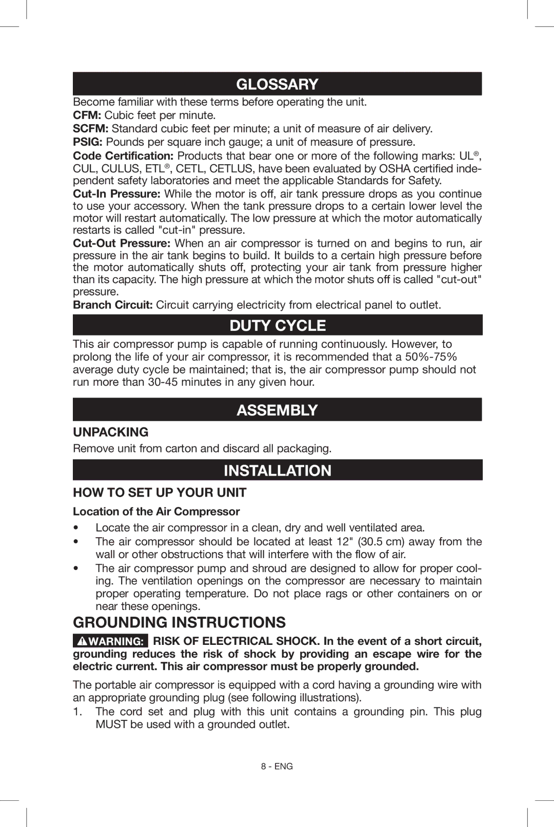 Porter-Cable N034163, C2004 instruction manual Glossary, Duty Cycle, Assembly, Installation, HOW to SET UP Your Unit 