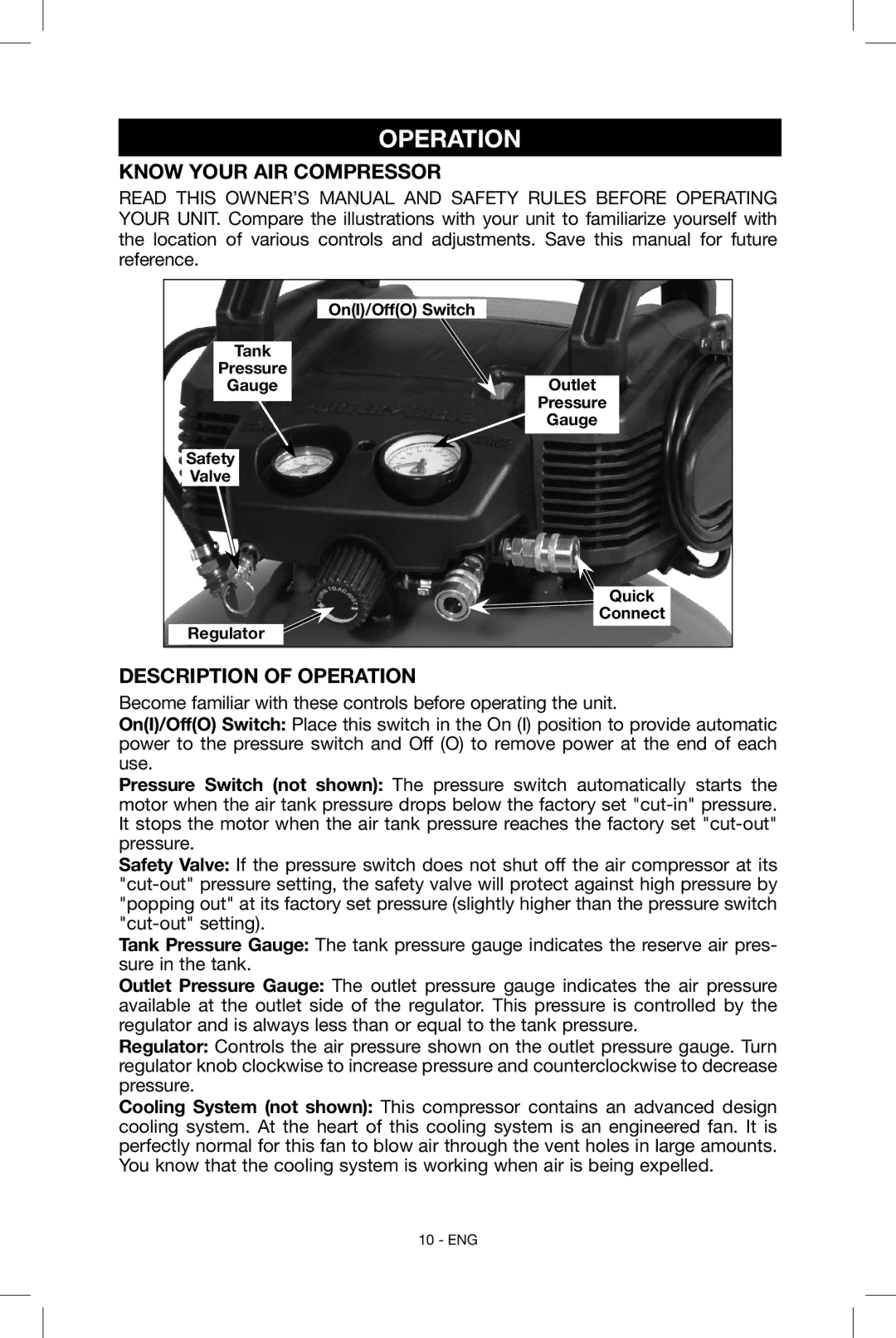 Porter-Cable N039112 instruction manual Know Your Air Compressor, Description of Operation 