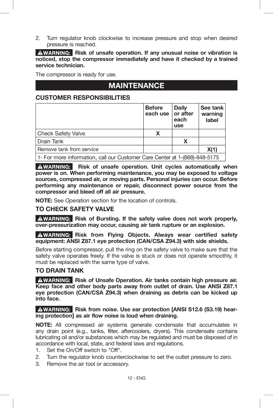 Porter-Cable N039112 instruction manual Maintenance, Customer Responsibilities, To Check Safety Valve, To Drain Tank 