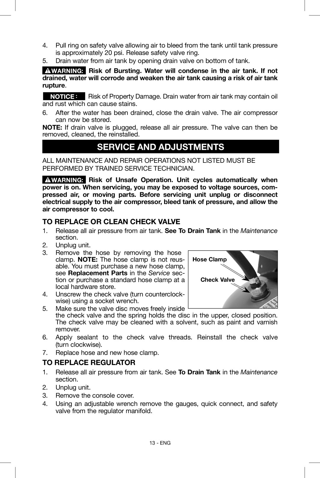 Porter-Cable N039112 instruction manual Service and Adjustments, To Replace or Clean Check Valve, To Replace Regulator 