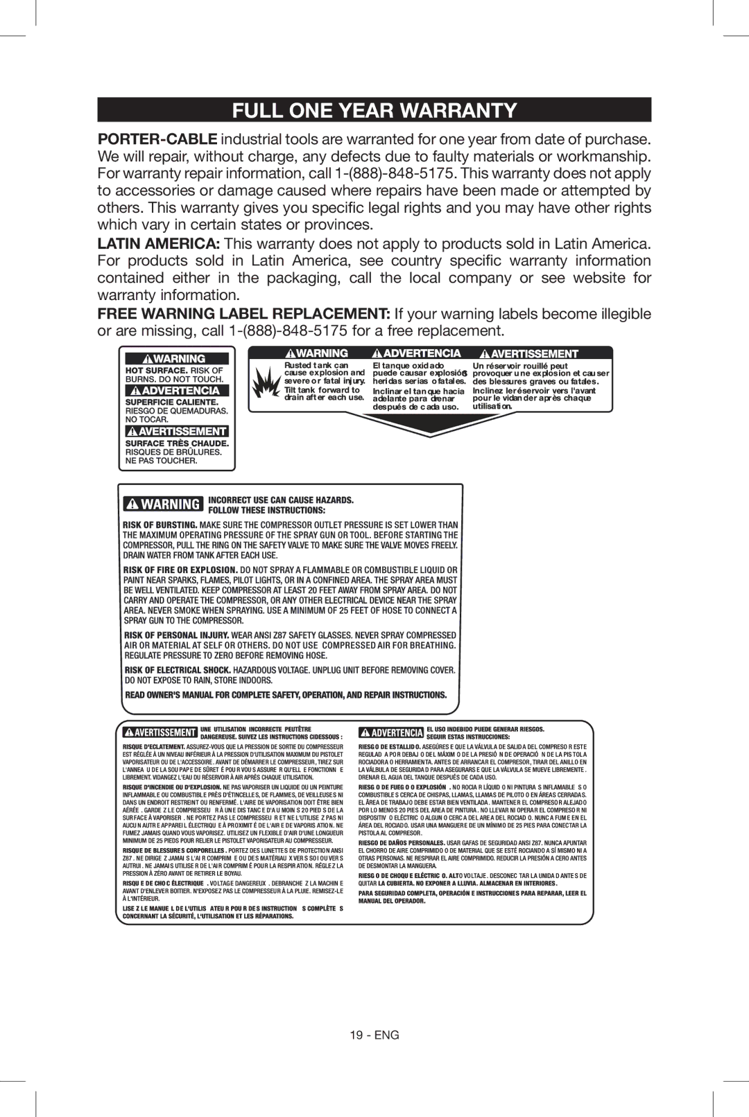 Porter-Cable N039112 instruction manual Full One Year Warranty 