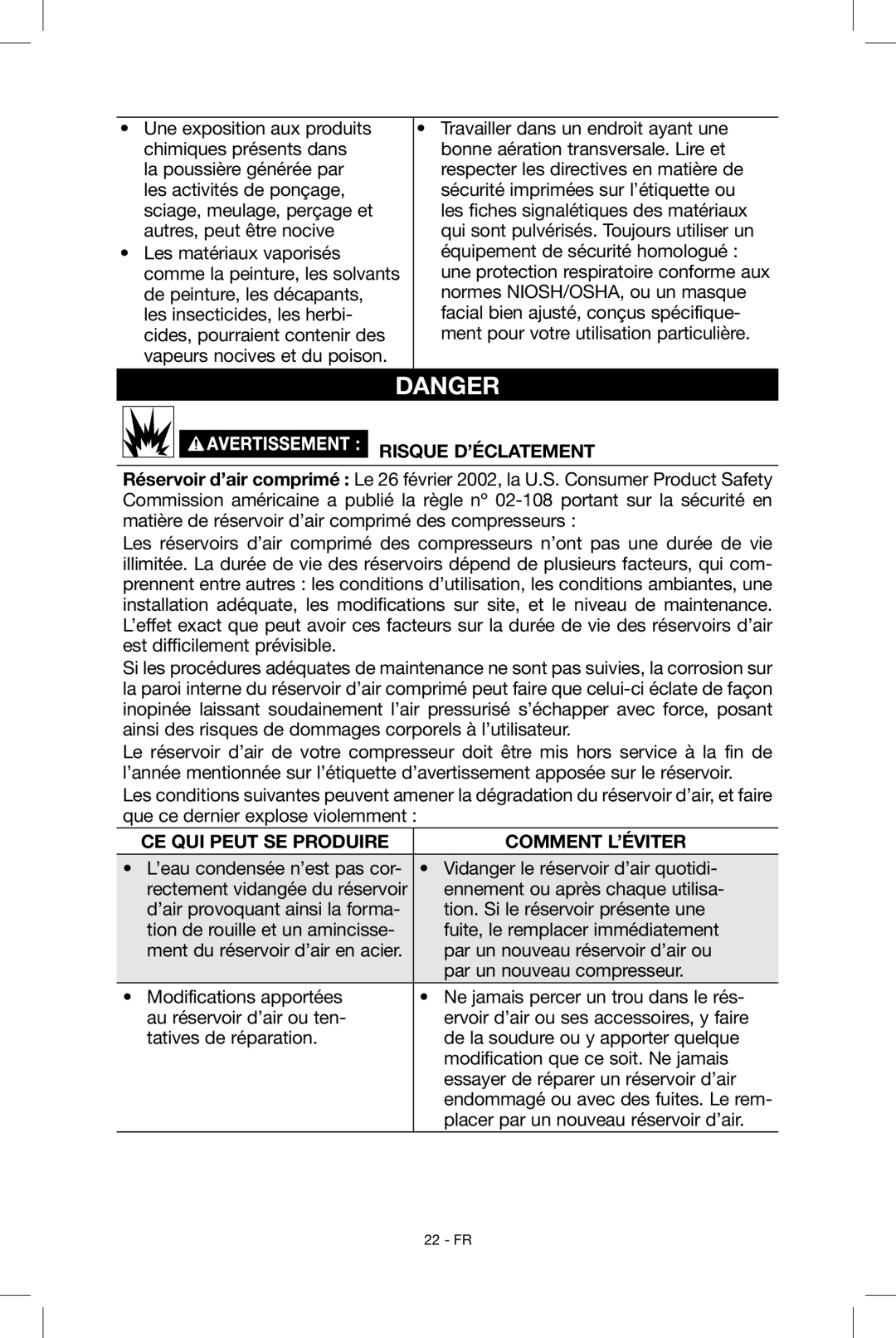 Porter-Cable N039112 instruction manual Risque d’Éclatement, Placer par un nouveau réservoir d’air 