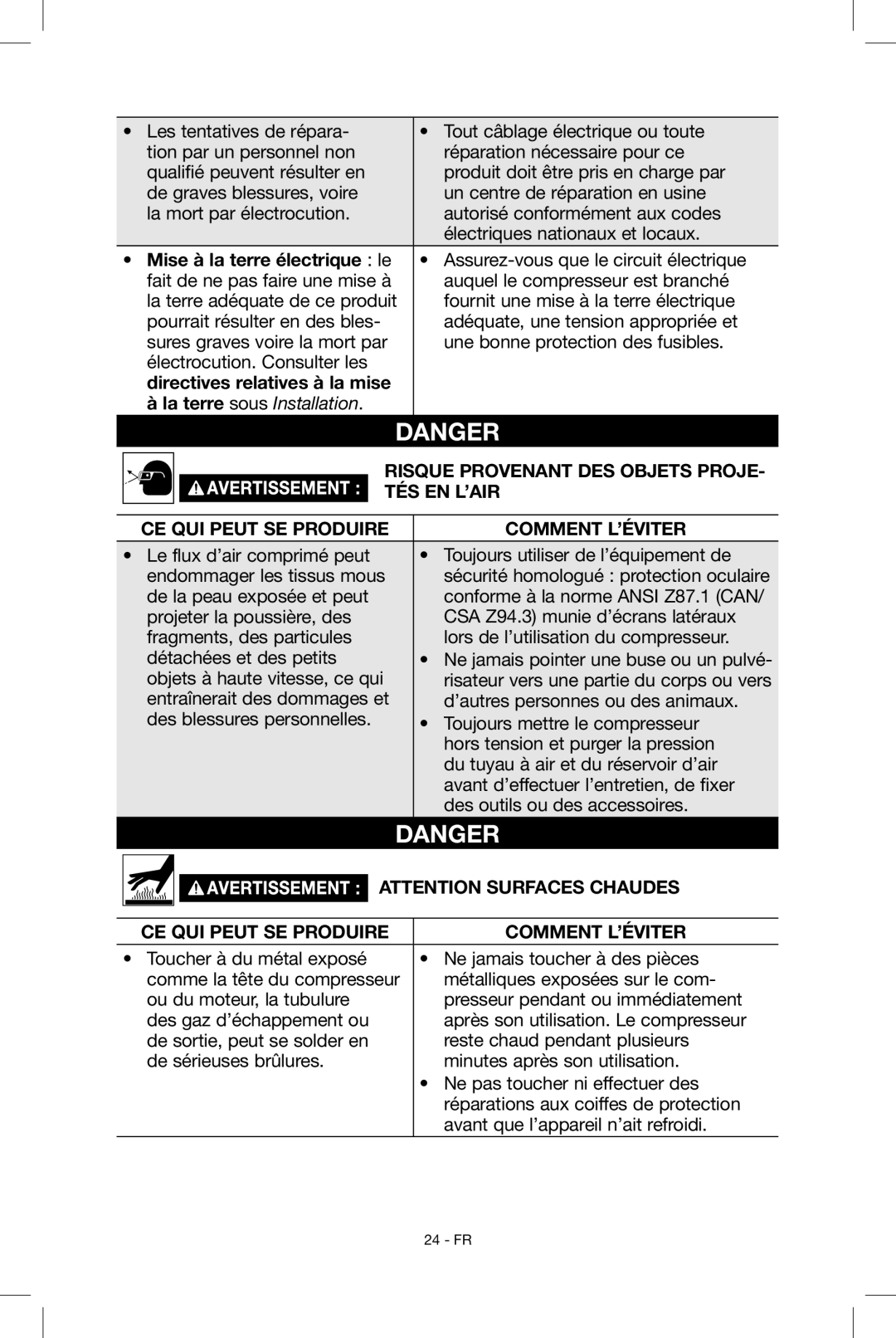 Porter-Cable N039112 instruction manual Mise à la terre électrique le, Directives relatives à la mise 