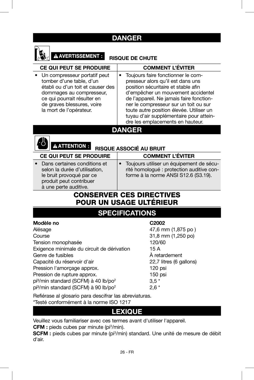 Porter-Cable N039112 instruction manual Specifications, Lexique, Risque associÉ au bruit, Modèle no C2002 