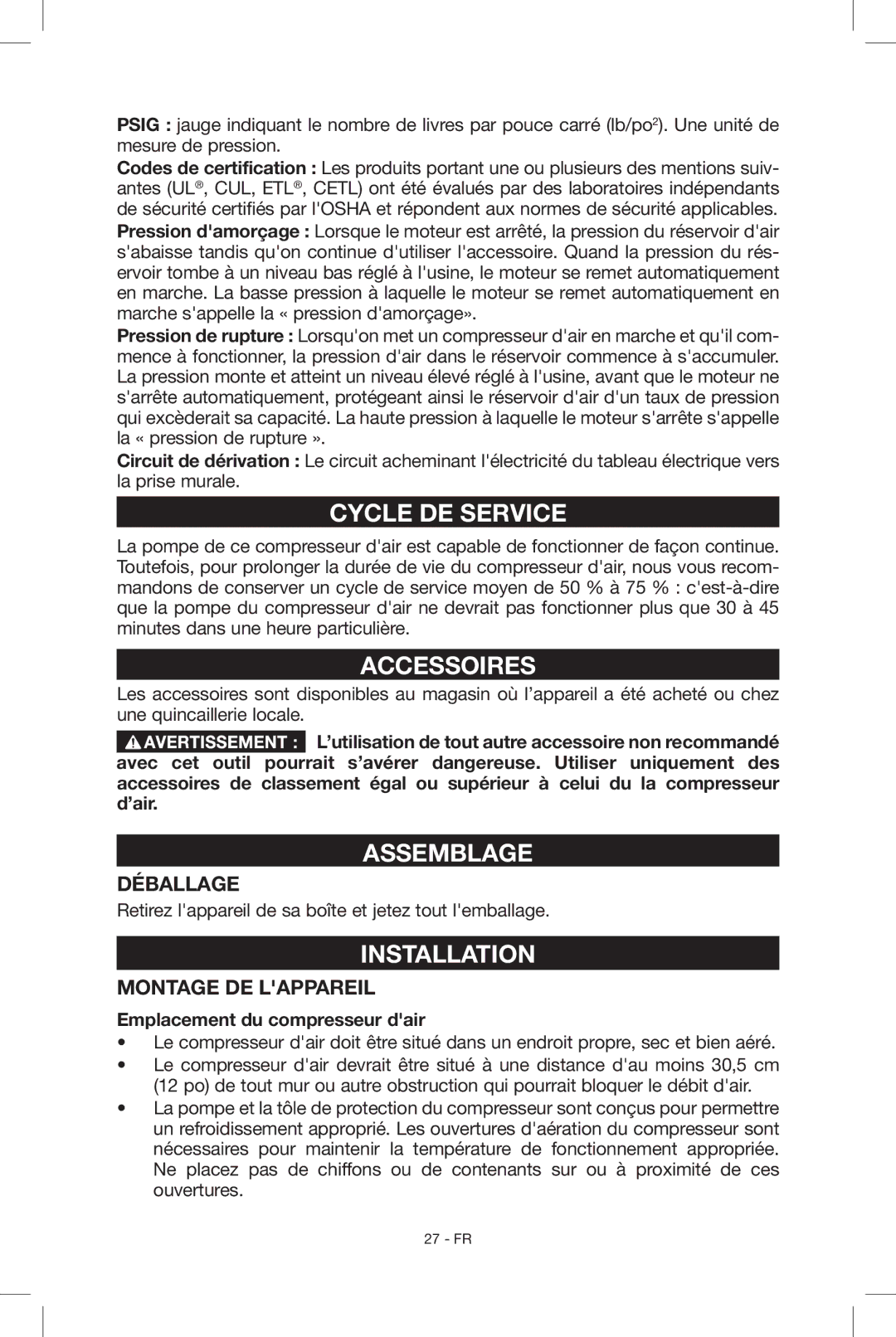 Porter-Cable N039112 instruction manual Cycle DE Service, Accessoires, Assemblage, Déballage, Montage DE Lappareil 