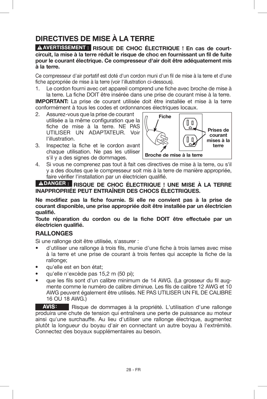 Porter-Cable N039112 instruction manual Directives DE Mise À LA Terre, Rallonges 