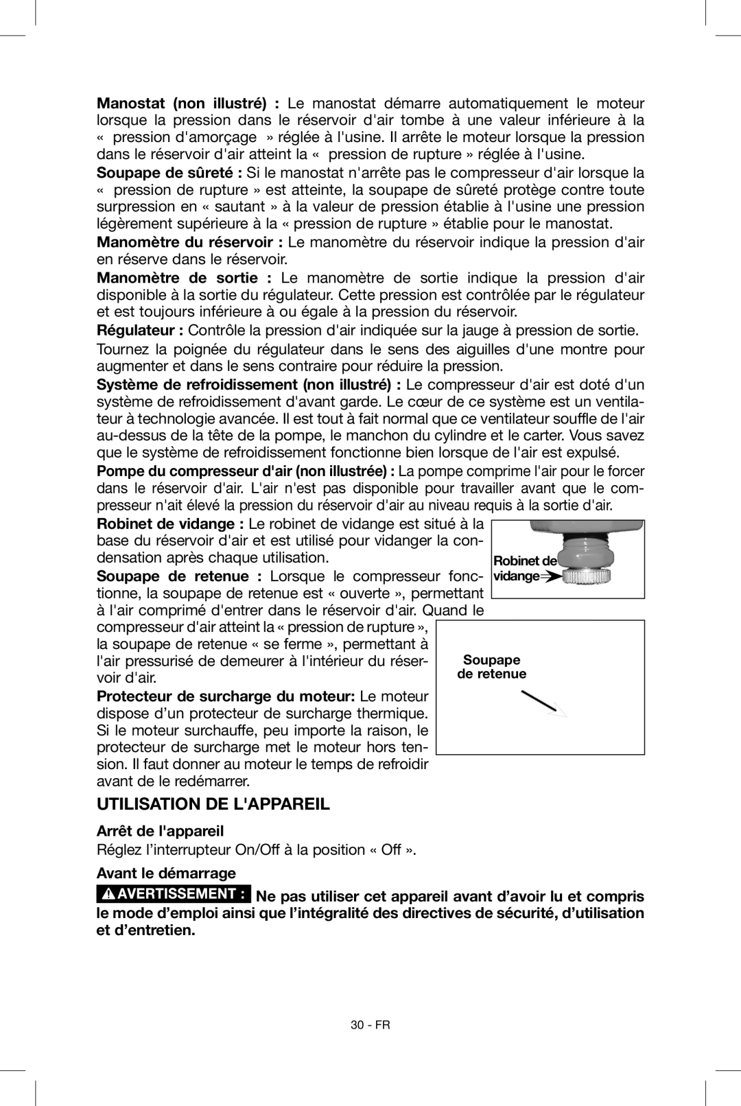 Porter-Cable N039112 instruction manual Utilisation de lappareil, Arrêt de lappareil, Avant le démarrage 