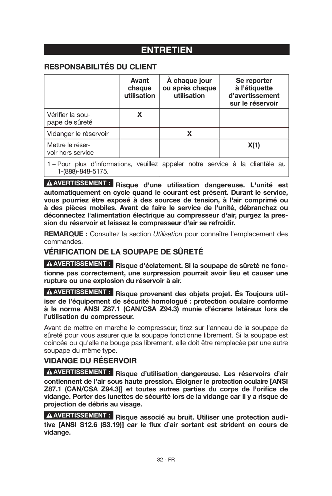 Porter-Cable N039112 Entretien, Responsabilités du client, Vérification de la soupape de sûreté, Vidange du réservoir 