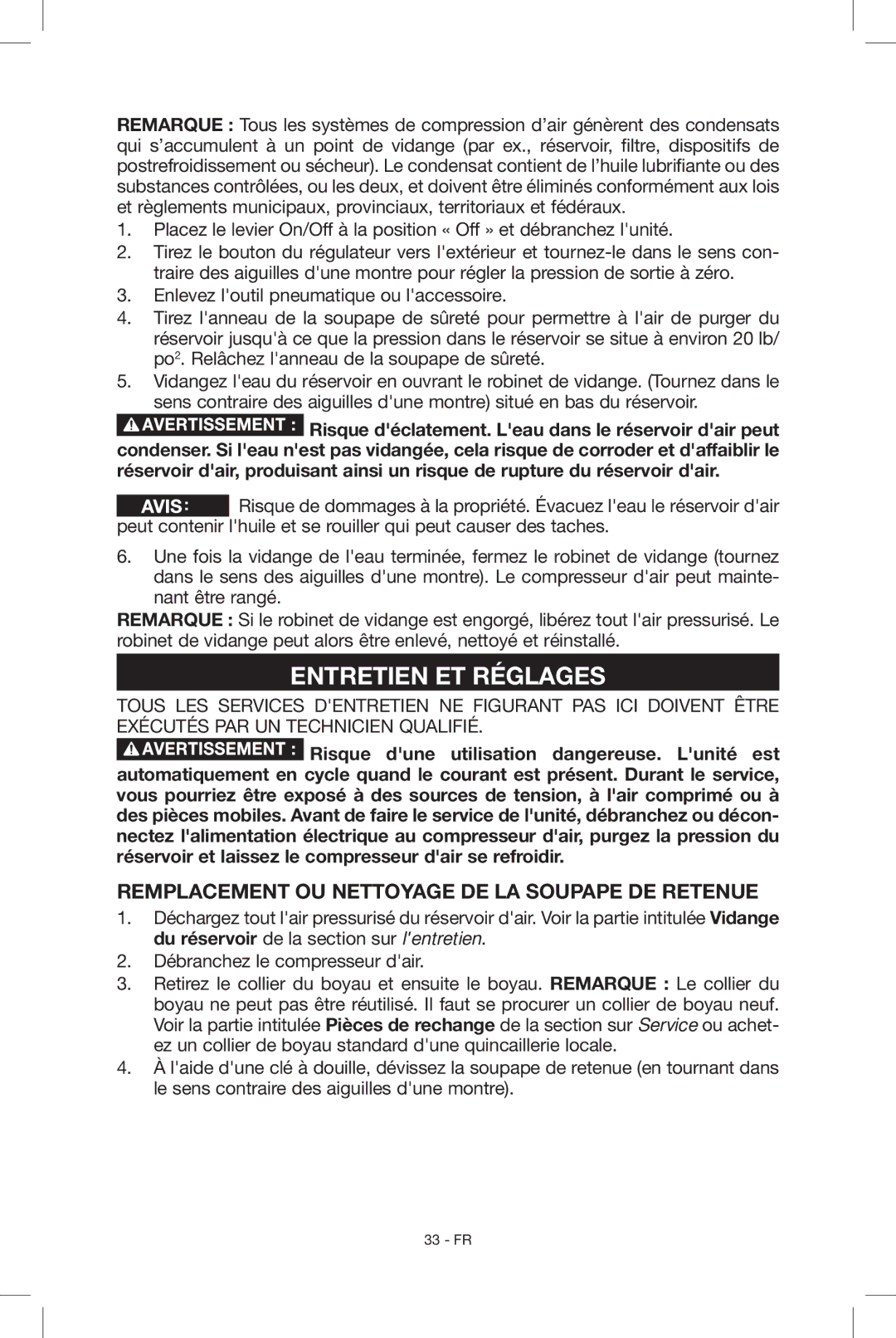 Porter-Cable N039112 instruction manual Entretien ET Réglages, Remplacement ou nettoyage de la soupape de retenue 