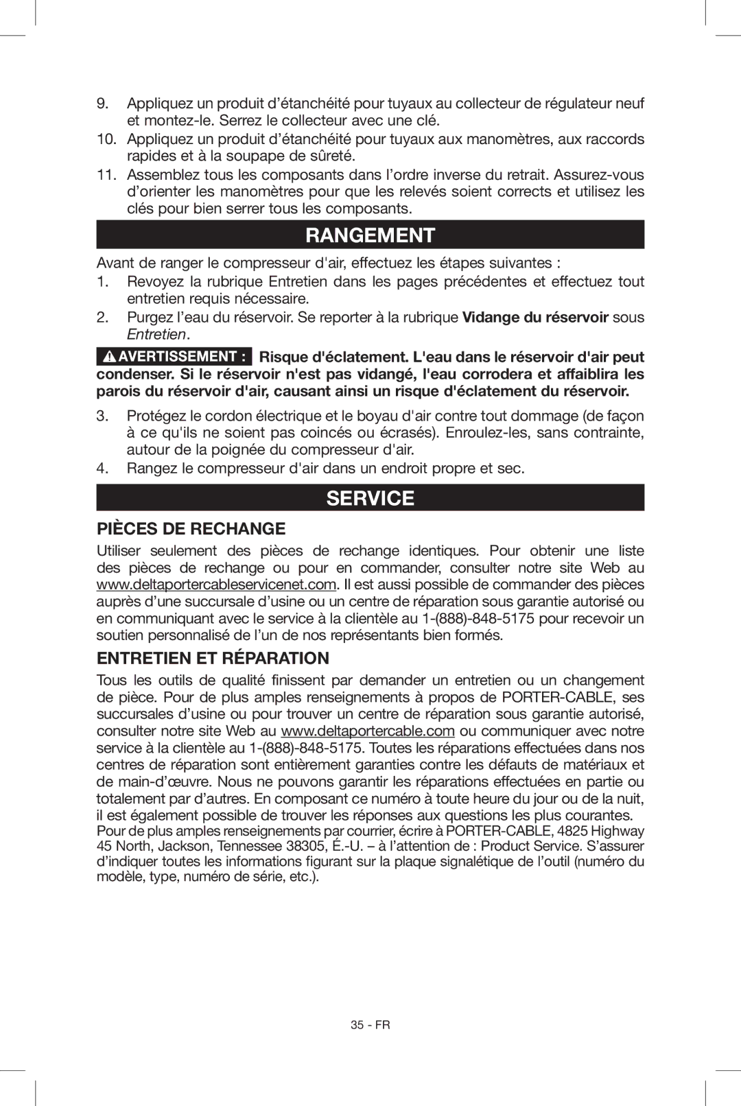 Porter-Cable N039112 instruction manual Rangement, Pièces DE Rechange Entretien ET Réparation 