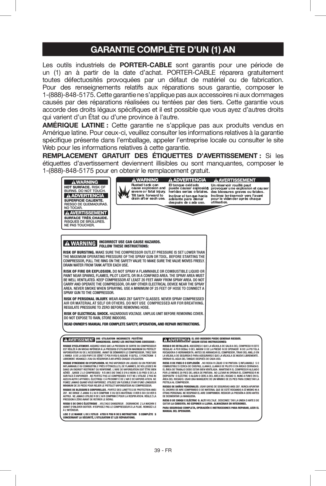 Porter-Cable N039112 instruction manual Garantie complète d’un 1 an 