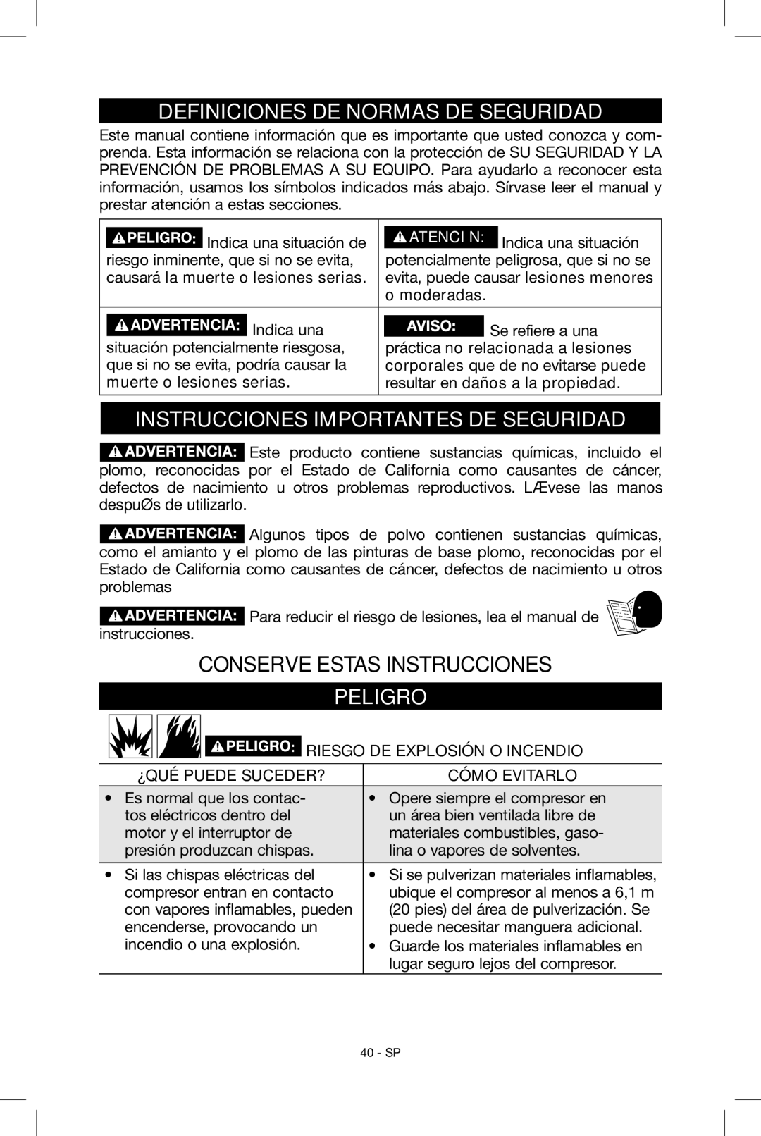 Porter-Cable N039112 Definiciones DE Normas DE Seguridad, Instrucciones Importantes DE Seguridad, Peligro 