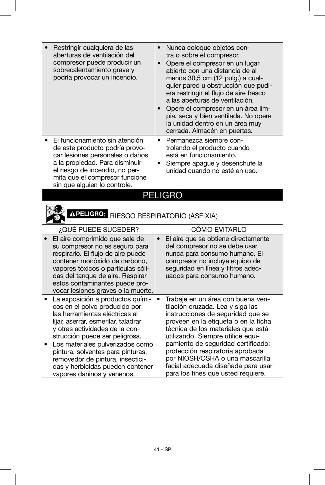 Porter-Cable N039112 instruction manual Riesgo Respiratorio asfixia 