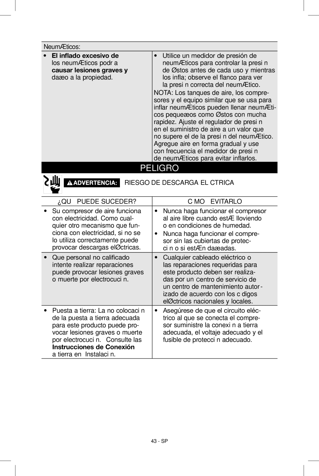 Porter-Cable N039112 instruction manual Neumáticos El inflado excesivo de, Los neumáticos podría, Causar lesiones graves y 