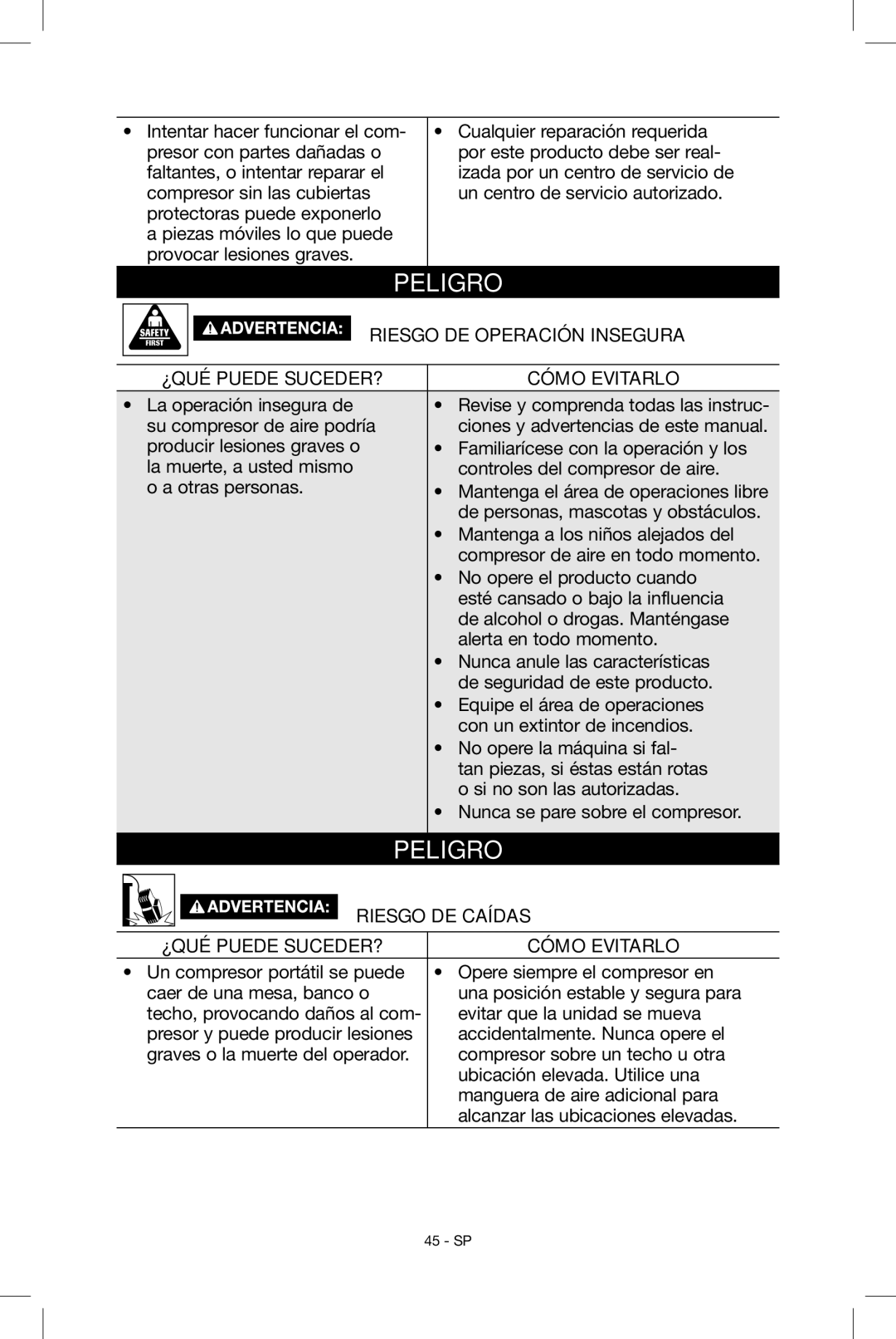 Porter-Cable N039112 instruction manual Riesgo de operación insegura, Riesgo DE Caídas 