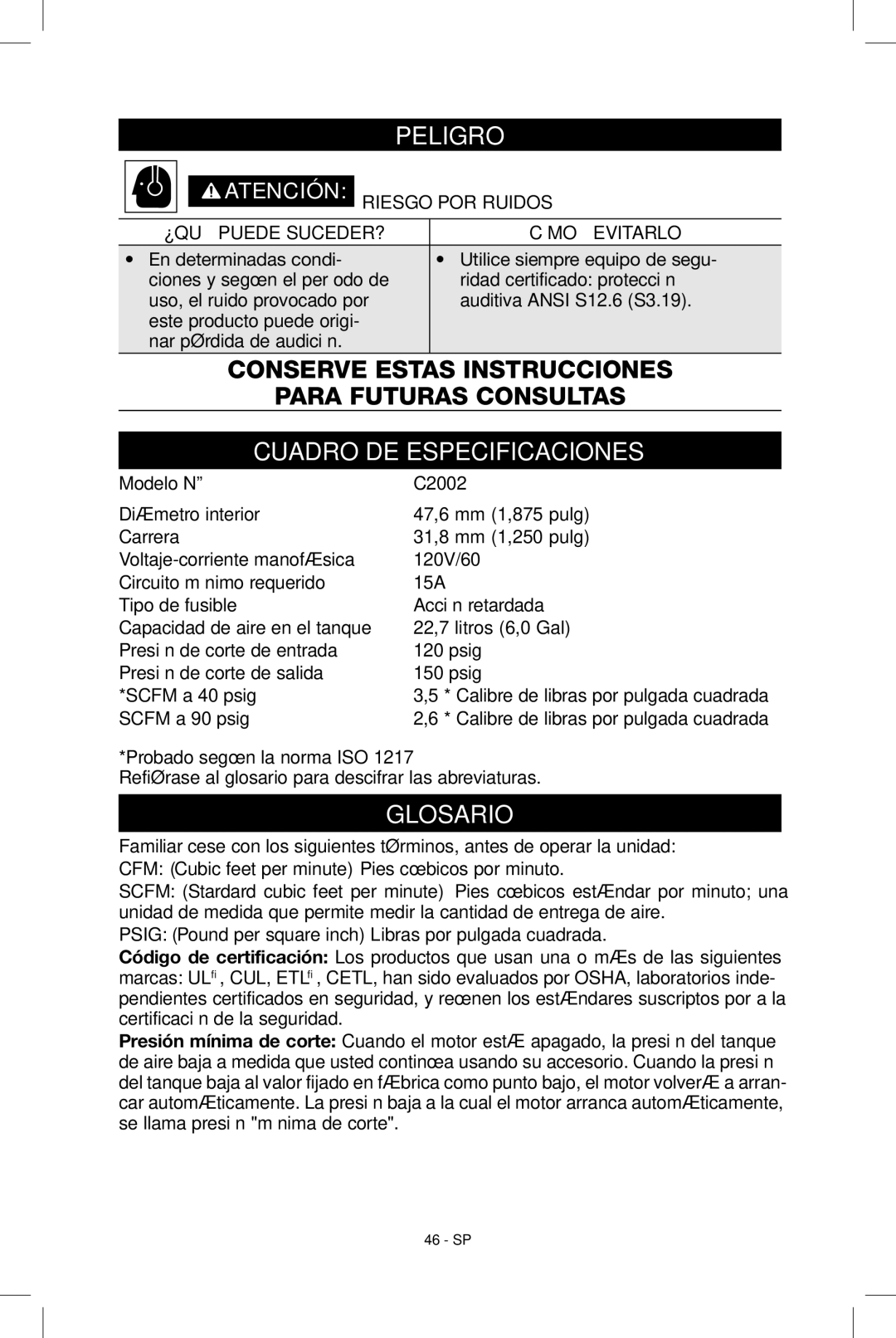 Porter-Cable N039112 instruction manual Cuadro DE Especificaciones, Glosario, Riesgo por ruidos, Modelo Nº C2002 