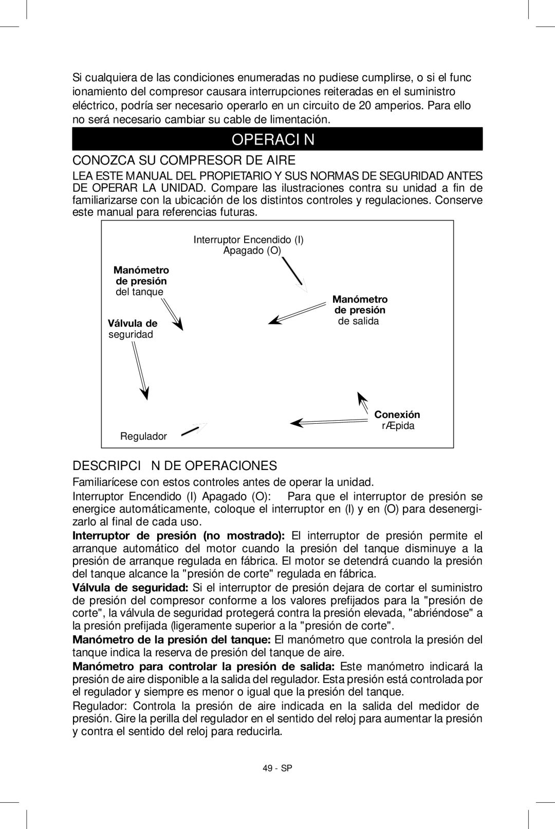 Porter-Cable N039112 instruction manual Operación, Conozca su compresor de aire, Descripción de operaciones 