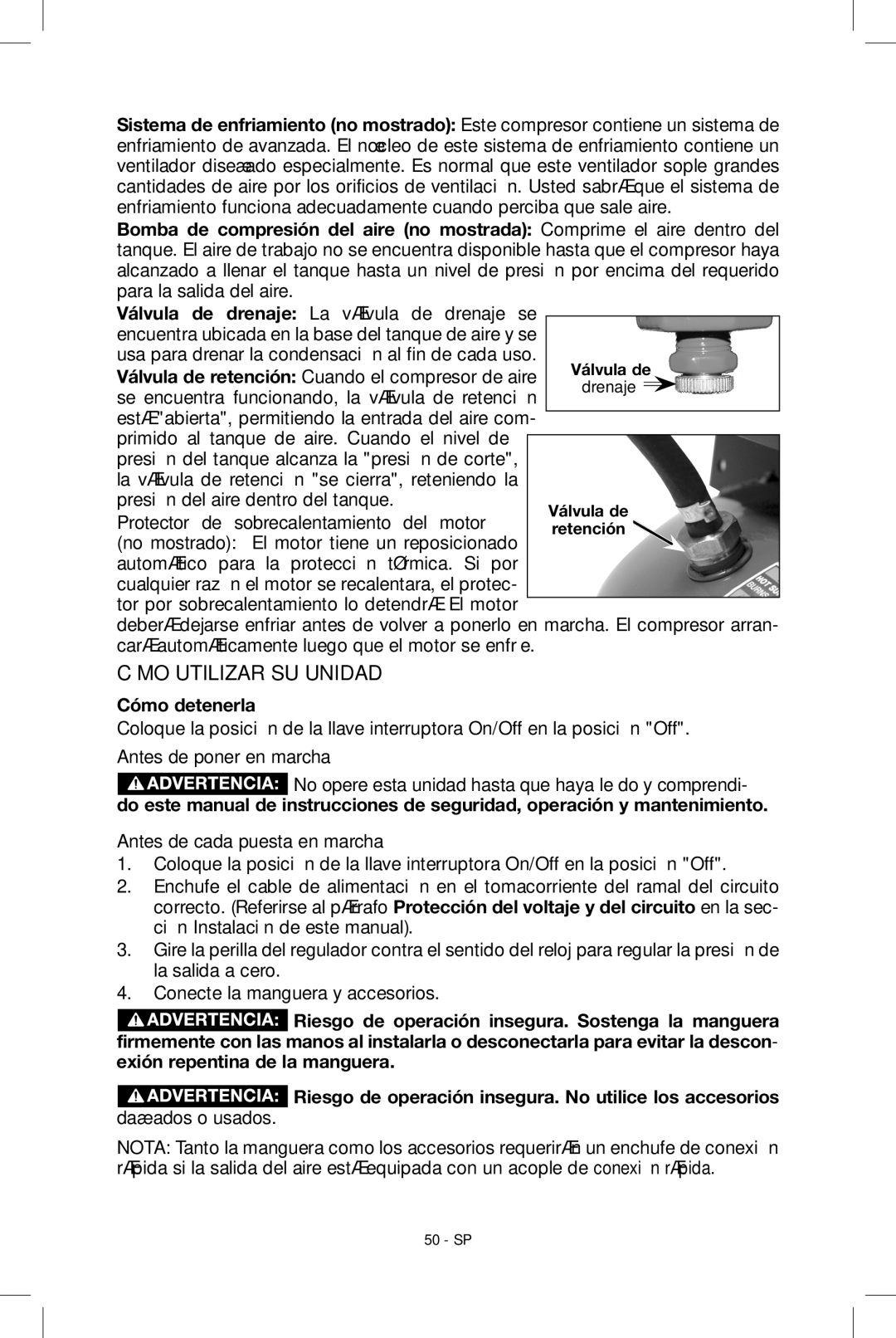 Porter-Cable N039112 instruction manual Cómo utilizar su unidad, Protector de sobrecalentamiento del motor, Cómo detenerla 