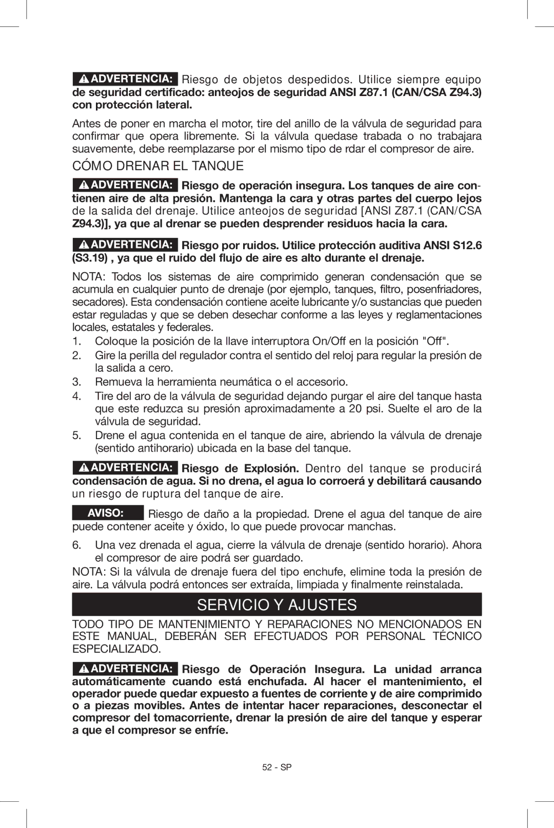 Porter-Cable N039112 instruction manual Servicio Y Ajustes, Cómo drenar el tanque 