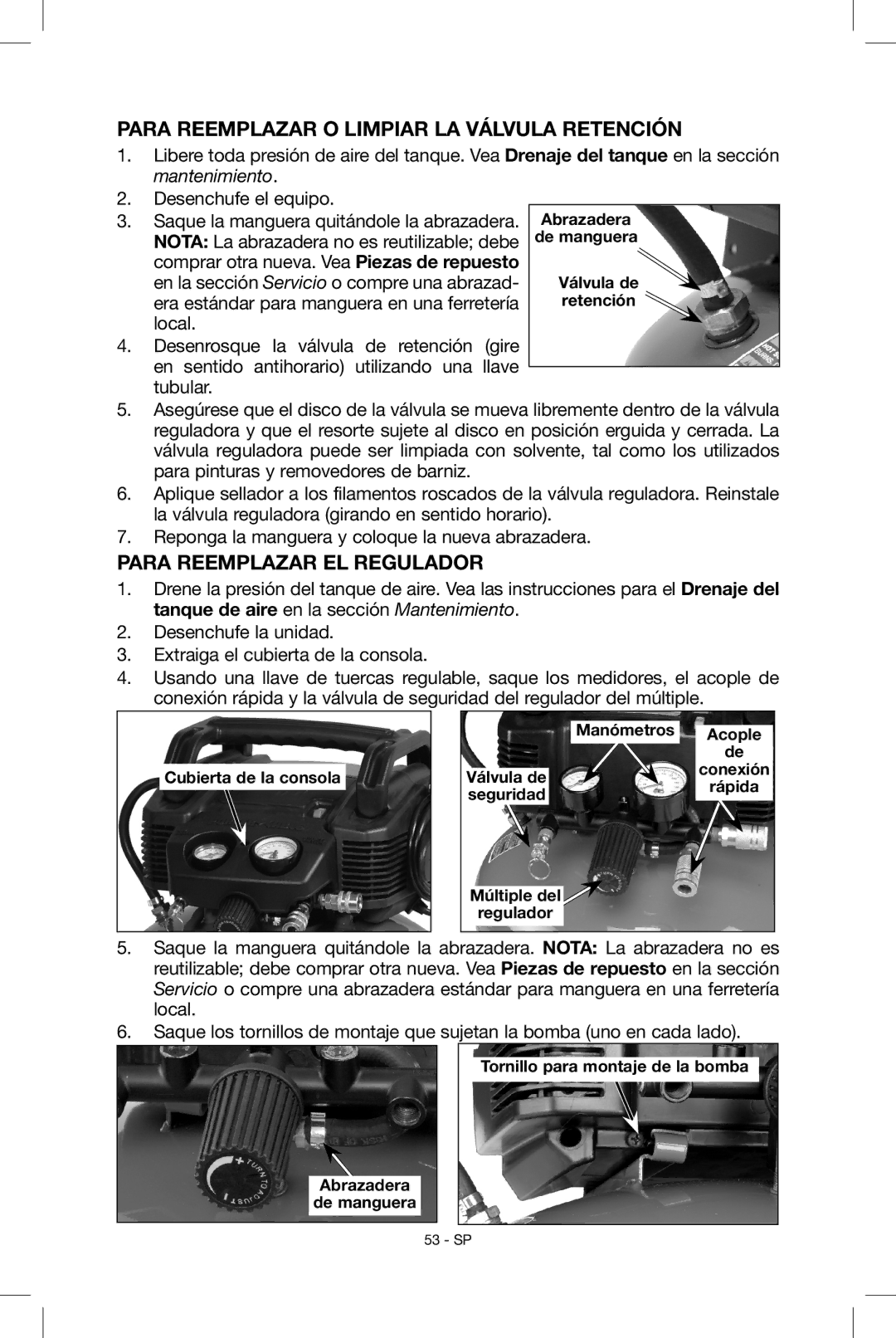 Porter-Cable N039112 instruction manual Para reemplazar o limpiar la válvula retención, Para reemplazar el regulador 