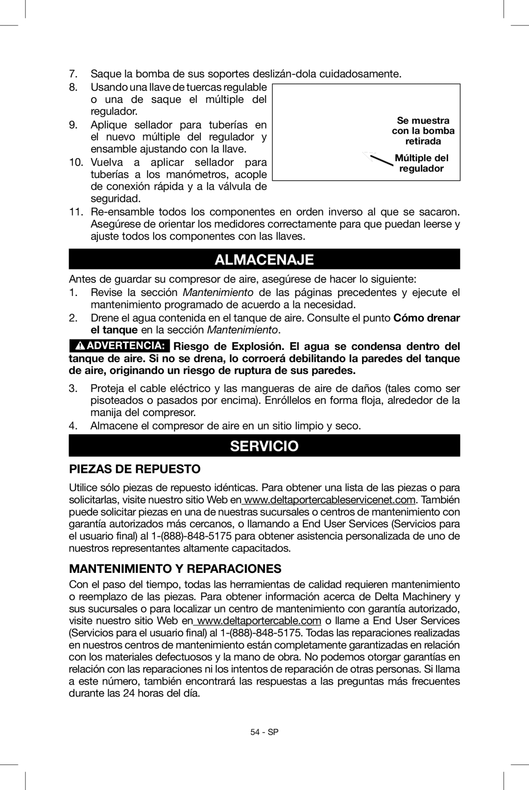 Porter-Cable N039112 instruction manual Almacenaje, Servicio, Piezas DE Repuesto Mantenimiento Y Reparaciones 