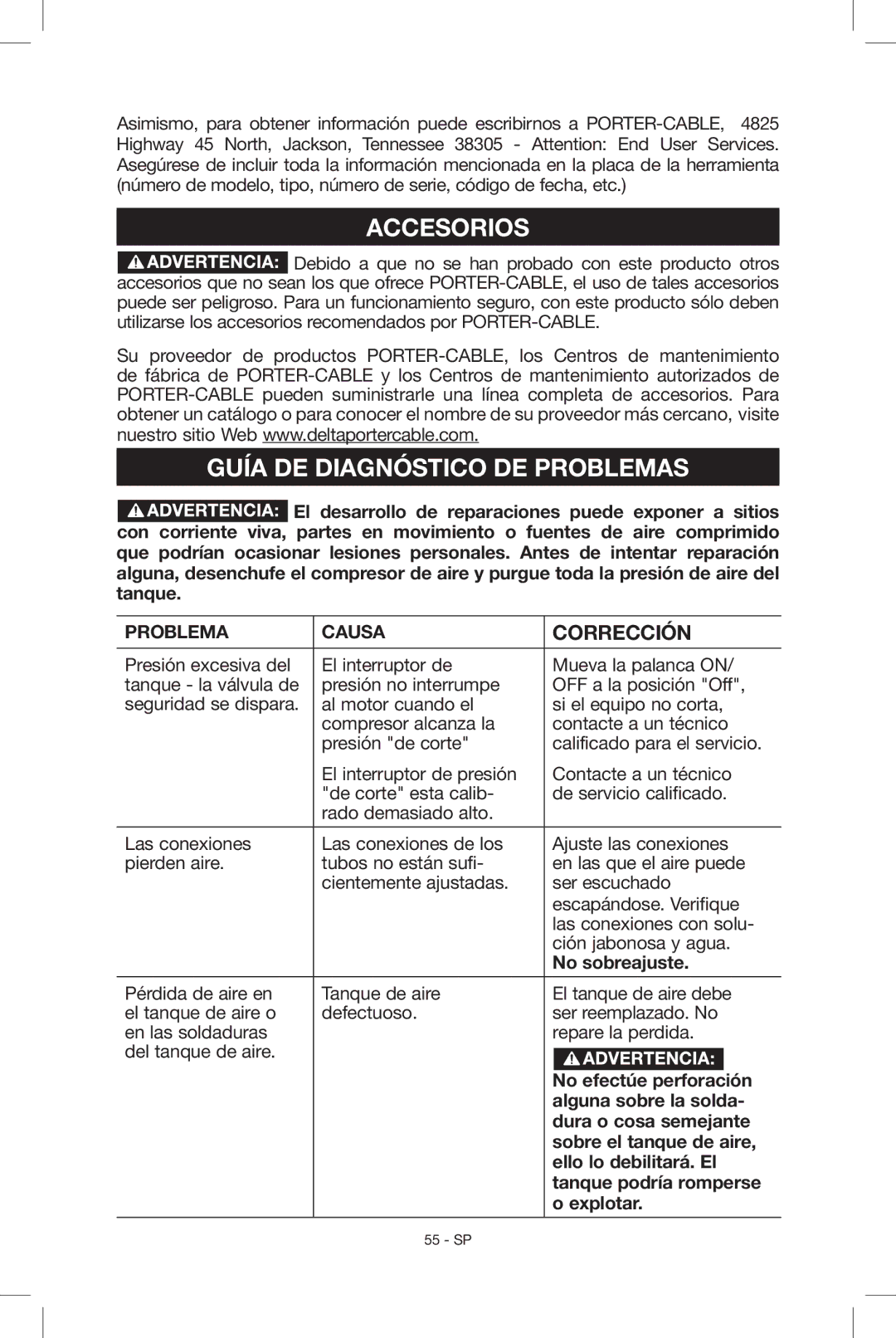 Porter-Cable N039112 instruction manual Guía DE Diagnóstico DE Problemas, Corrección 