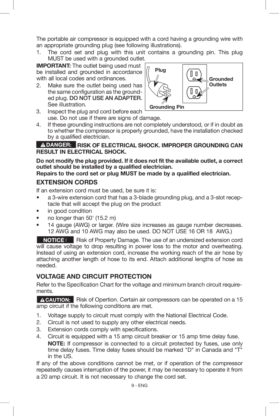 Porter-Cable N039112 instruction manual Extension Cords, Voltage and Circuit Protection 