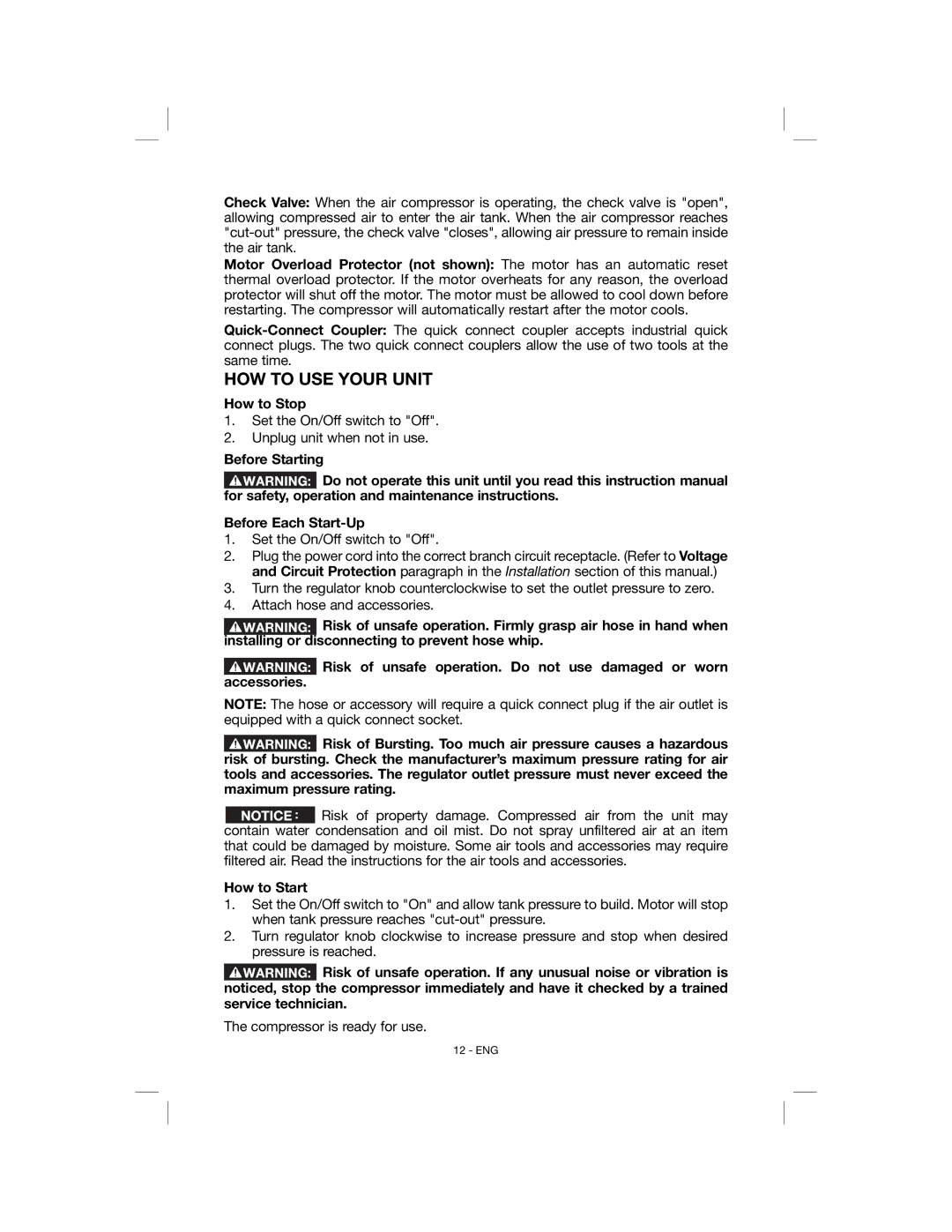 Porter-Cable N078948, C6001 instruction manual How to Stop, Before Starting Before Each Start-Up, How to Start 