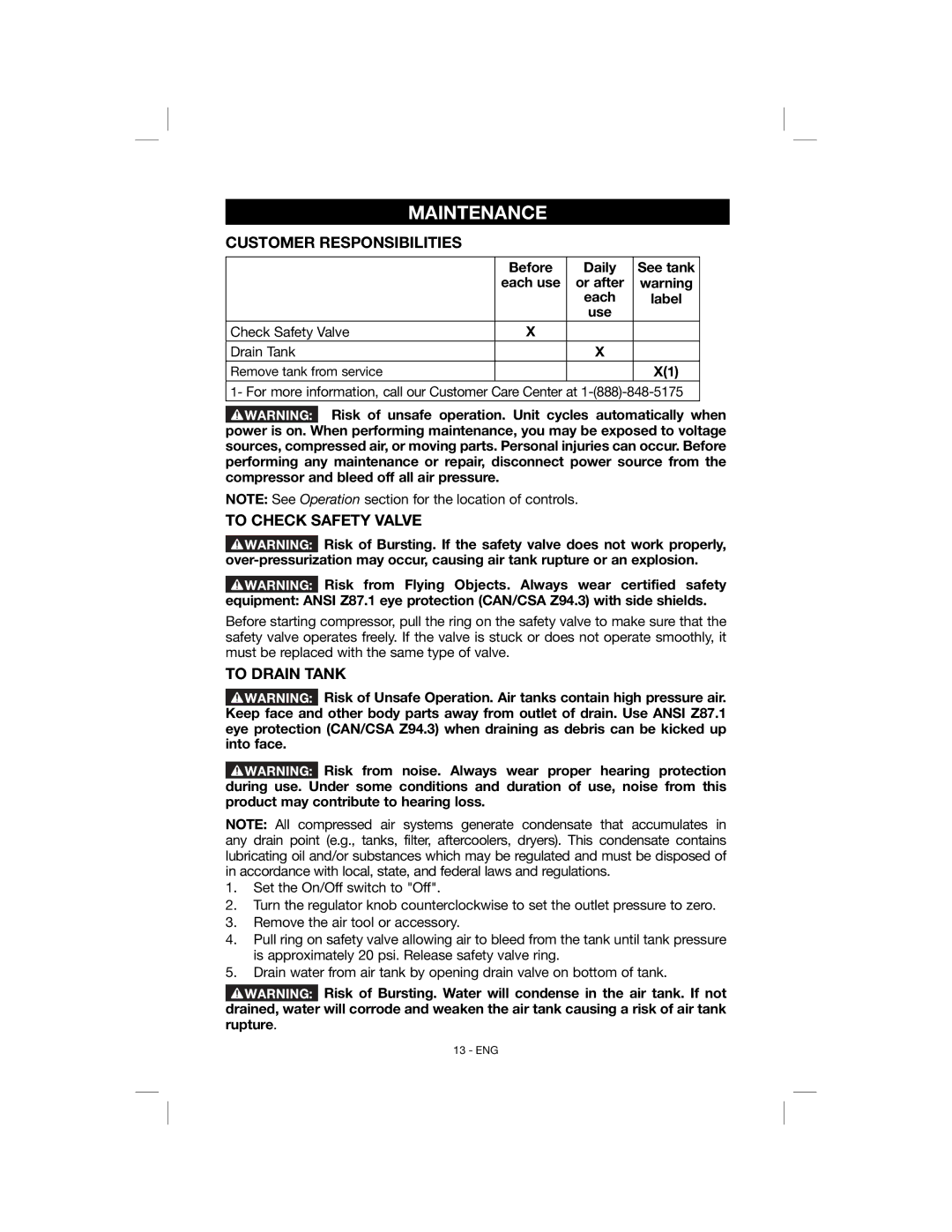 Porter-Cable C6001, N078948 instruction manual Maintenance, Customer Responsibilities, To Check Safety Valve, To Drain Tank 