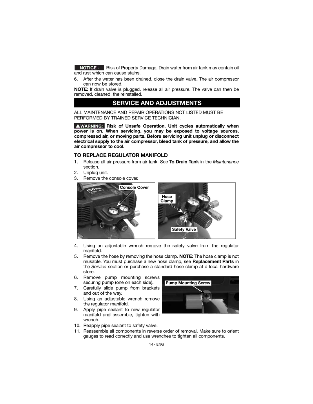 Porter-Cable N078948, C6001 instruction manual Service and Adjustments, To Replace Regulator Manifold 