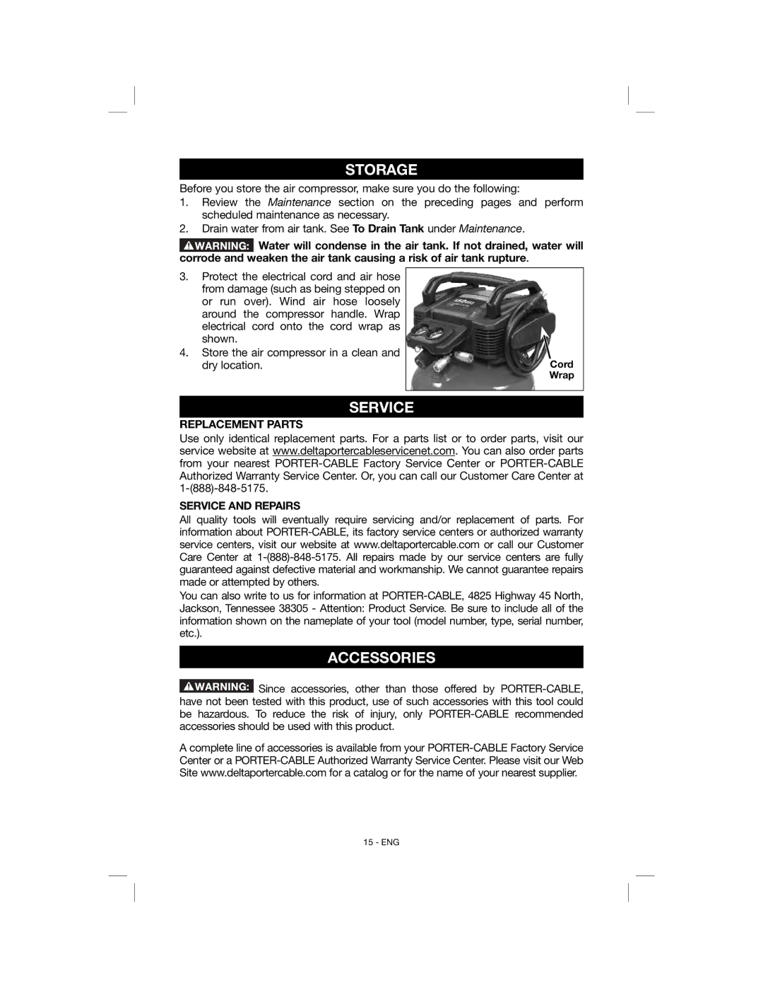 Porter-Cable C6001, N078948 instruction manual Storage, Replacement Parts Service and Repairs 