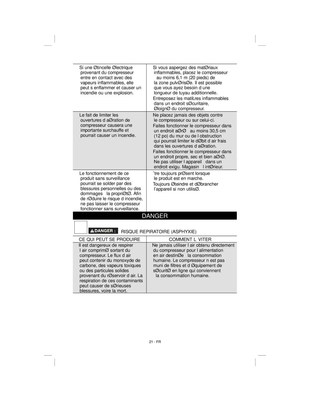 Porter-Cable C6001, N078948 Risque Repiratoire Asphyxie, Peut causer de sérieuses Blessures, voire la mort 