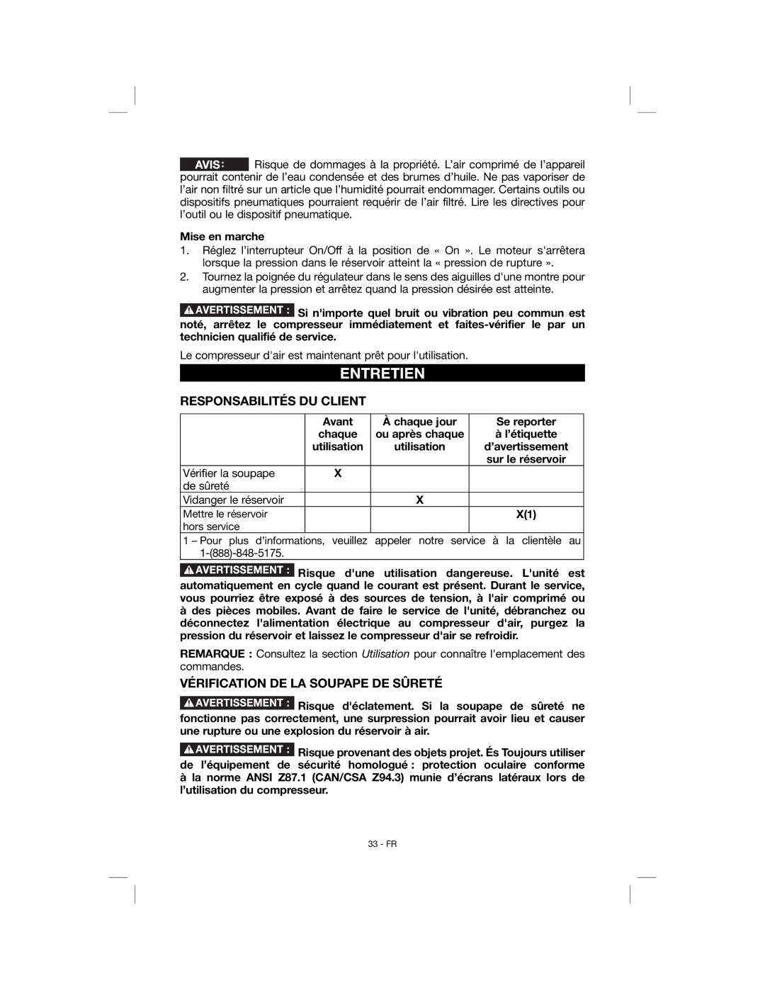 Porter-Cable C6001, N078948 instruction manual Entretien, Responsabilités DU Client, Vérification DE LA Soupape DE Sûreté 