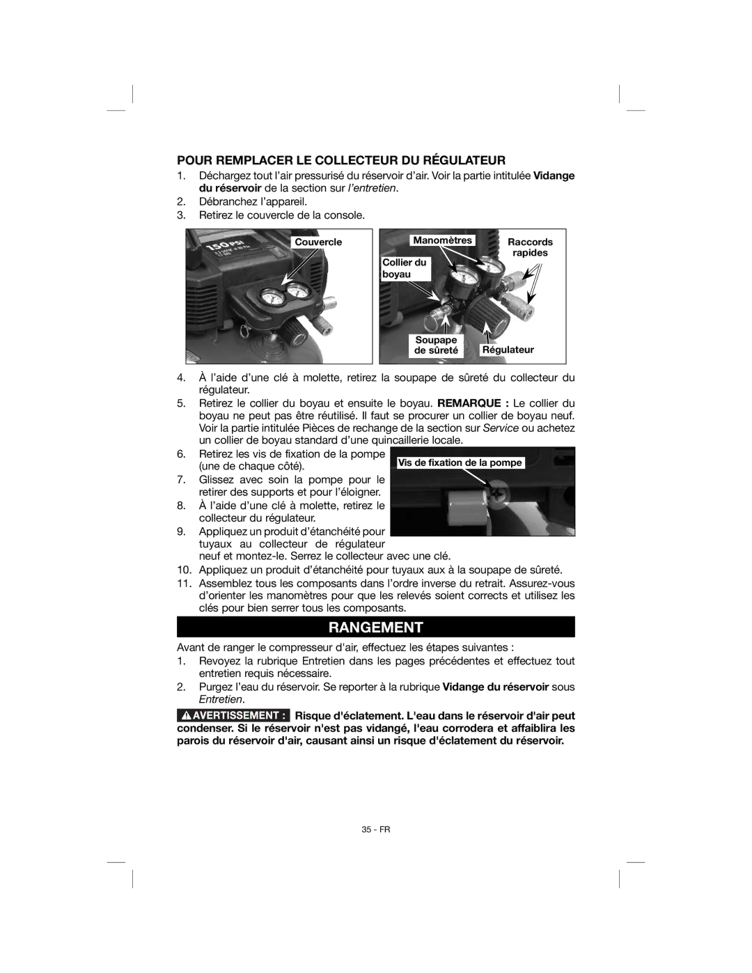 Porter-Cable C6001, N078948 instruction manual Rangement, Pour Remplacer LE Collecteur DU Régulateur, Une de chaque côté 