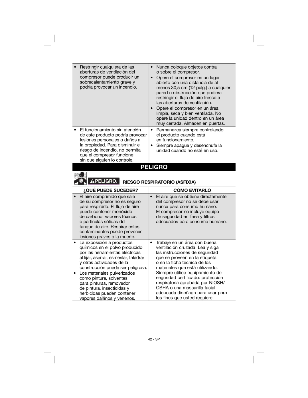 Porter-Cable N078948, C6001 instruction manual Riesgo Respiratorio Asfixia, ¿QUÉ Puede SUCEDER? Cómo Evitarlo 