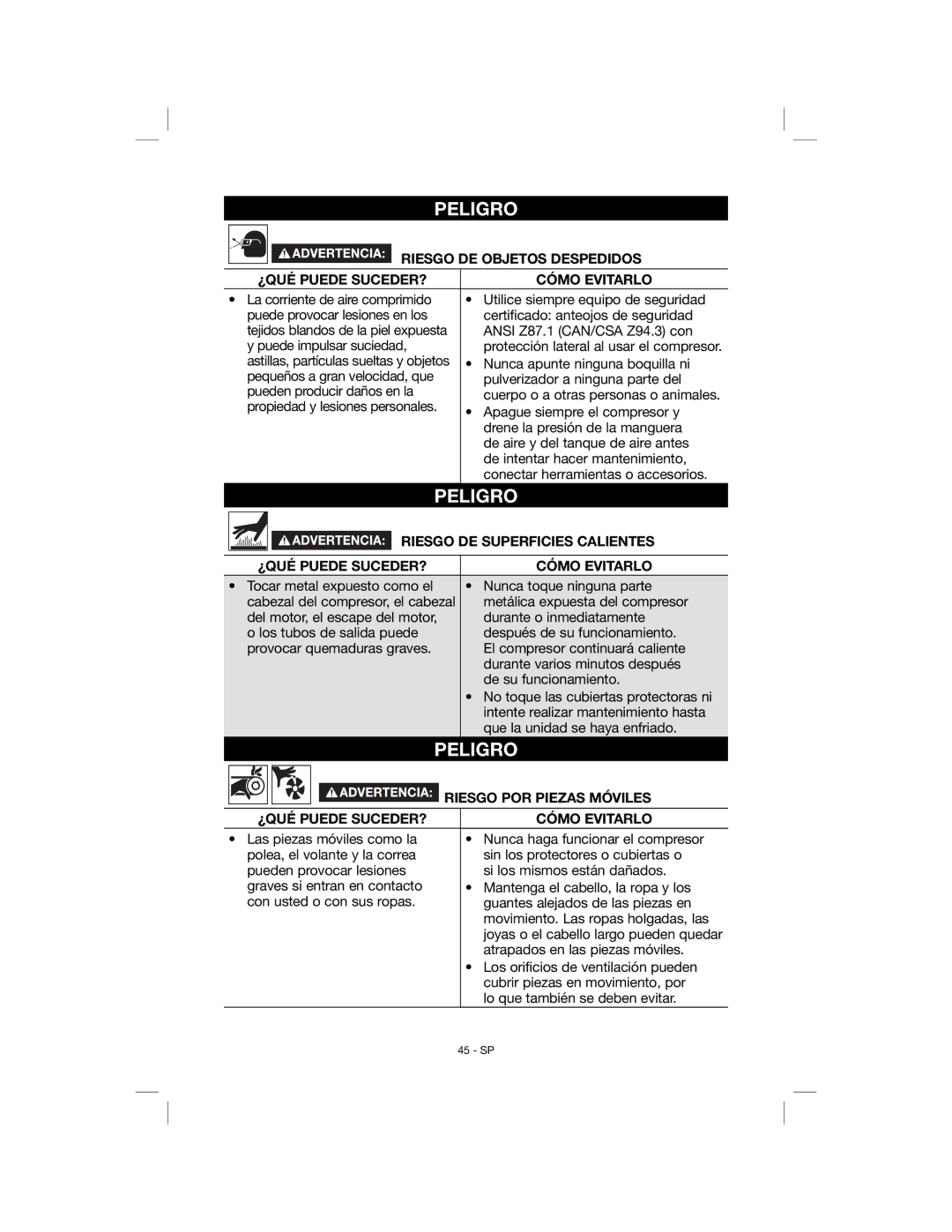 Porter-Cable C6001, N078948 instruction manual Riesgo DE Superficies Calientes, Riesgo POR Piezas Móviles 