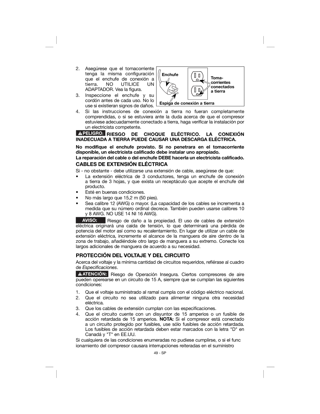 Porter-Cable C6001, N078948 instruction manual Cables DE Extensión Eléctrica, Protección DEL Voltaje Y DEL Circuito 