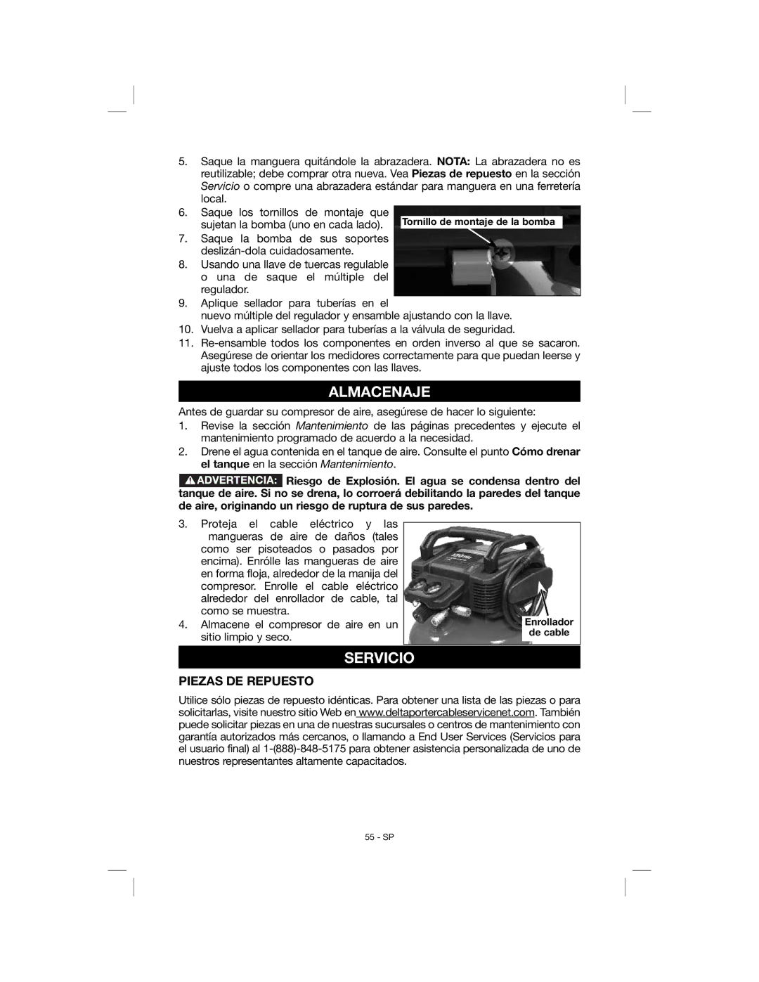 Porter-Cable C6001, N078948 instruction manual Almacenaje, Servicio, Piezas DE Repuesto 