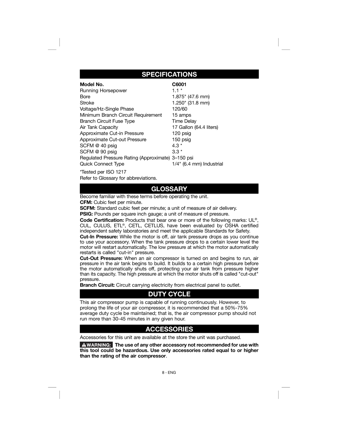 Porter-Cable N078948 instruction manual Specifications, Glossary, Duty Cycle, Accessories, Model No C6001 