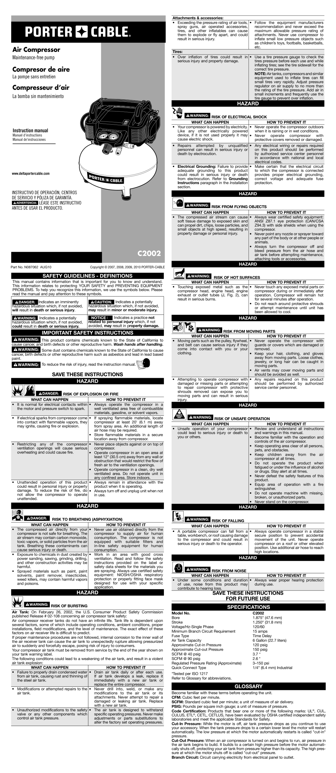 Porter-Cable N087062 instruction manual Safety Guidelines Definitions, Important Safety Instructions, Hazard, Glossary 