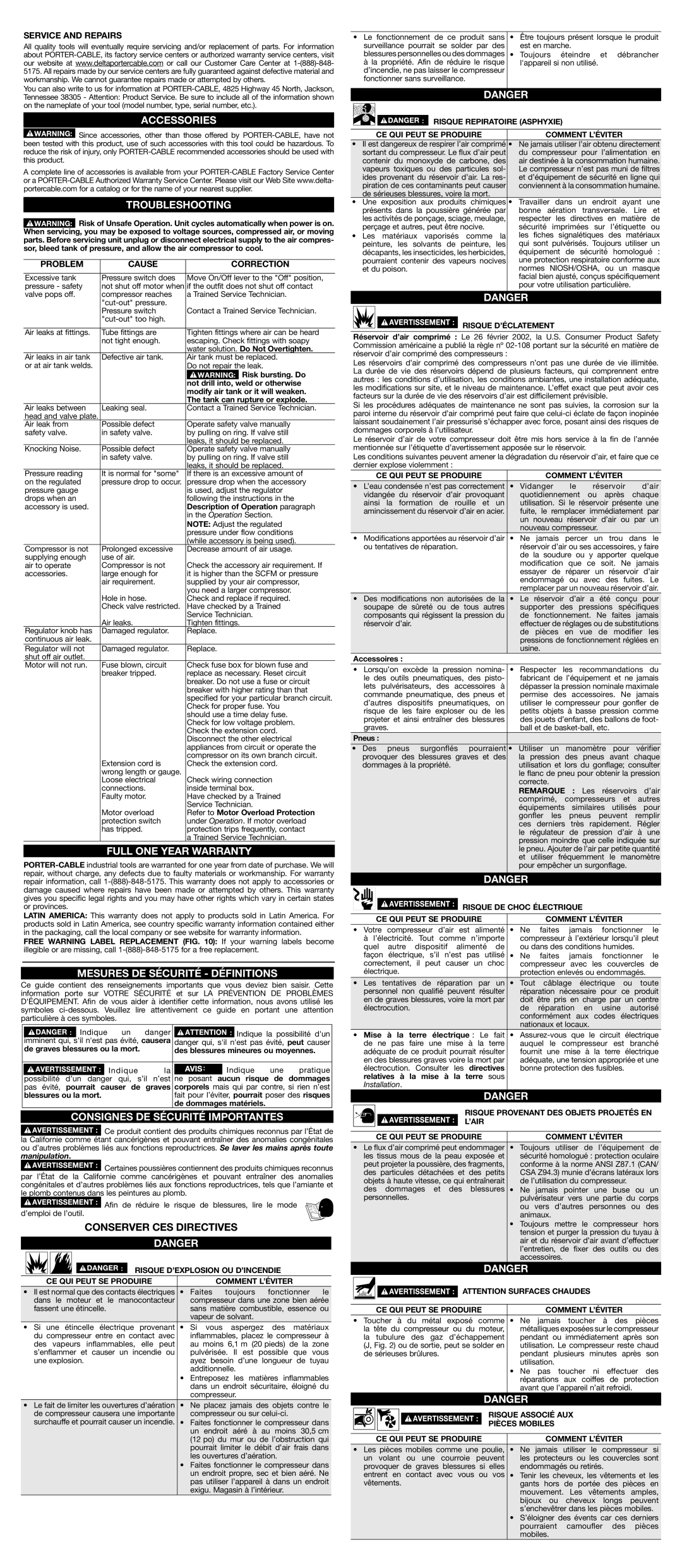 Porter-Cable N087062 Accessories, Troubleshooting, Full One Year Warranty, Mesures DE Sécurité Définitions 