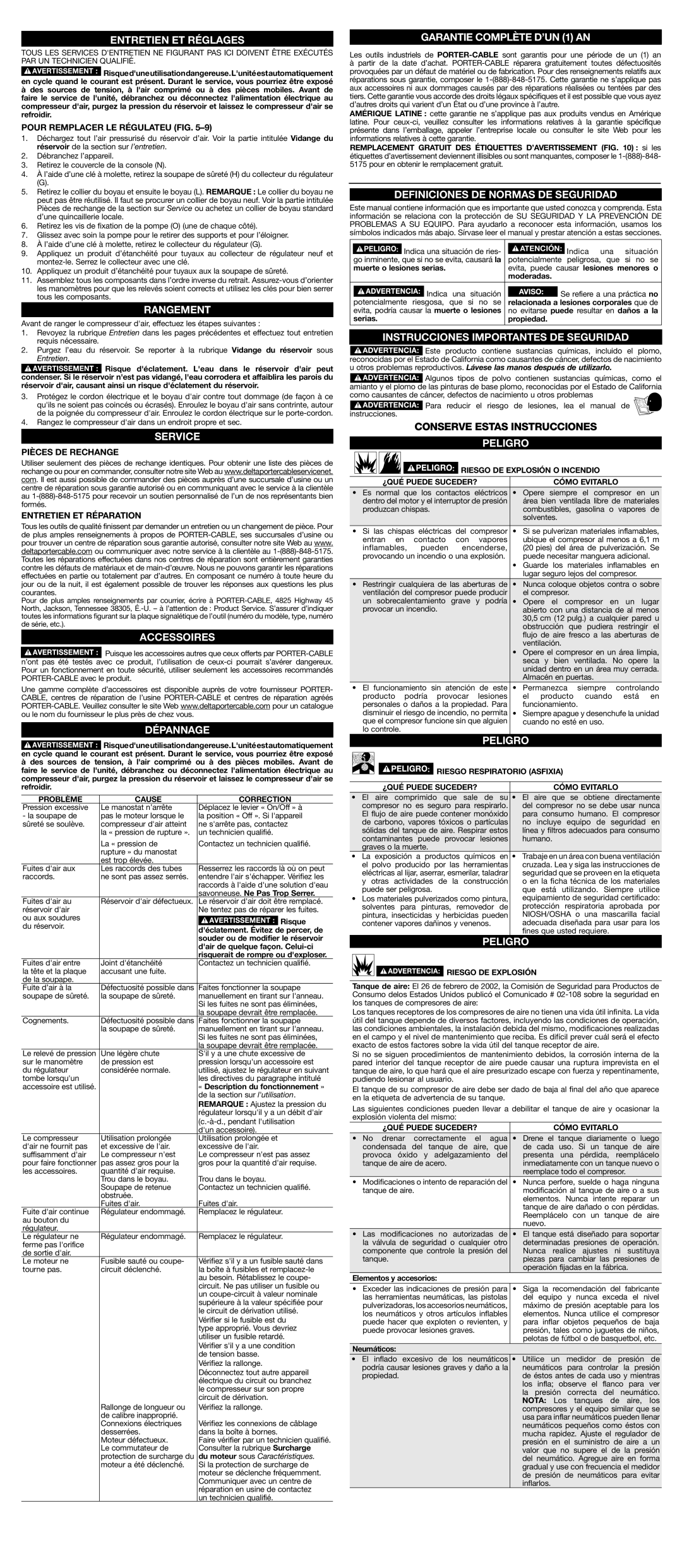 Porter-Cable N087062 Entretien ET Réglages, Rangement, Accessoires, Dépannage, Definiciones DE Normas DE Seguridad 