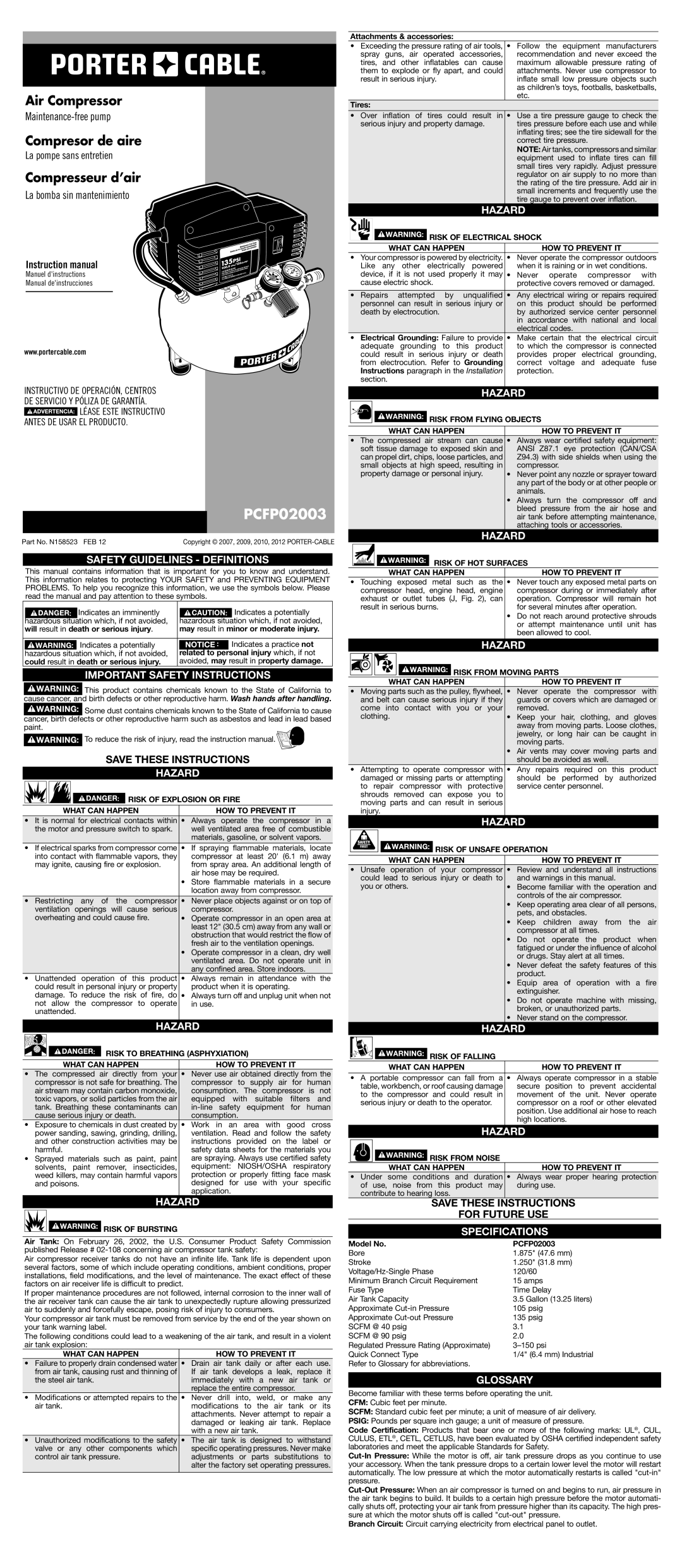 Porter-Cable N158523 instruction manual Safety Guidelines Definitions, Important Safety Instructions, Hazard, Glossary 