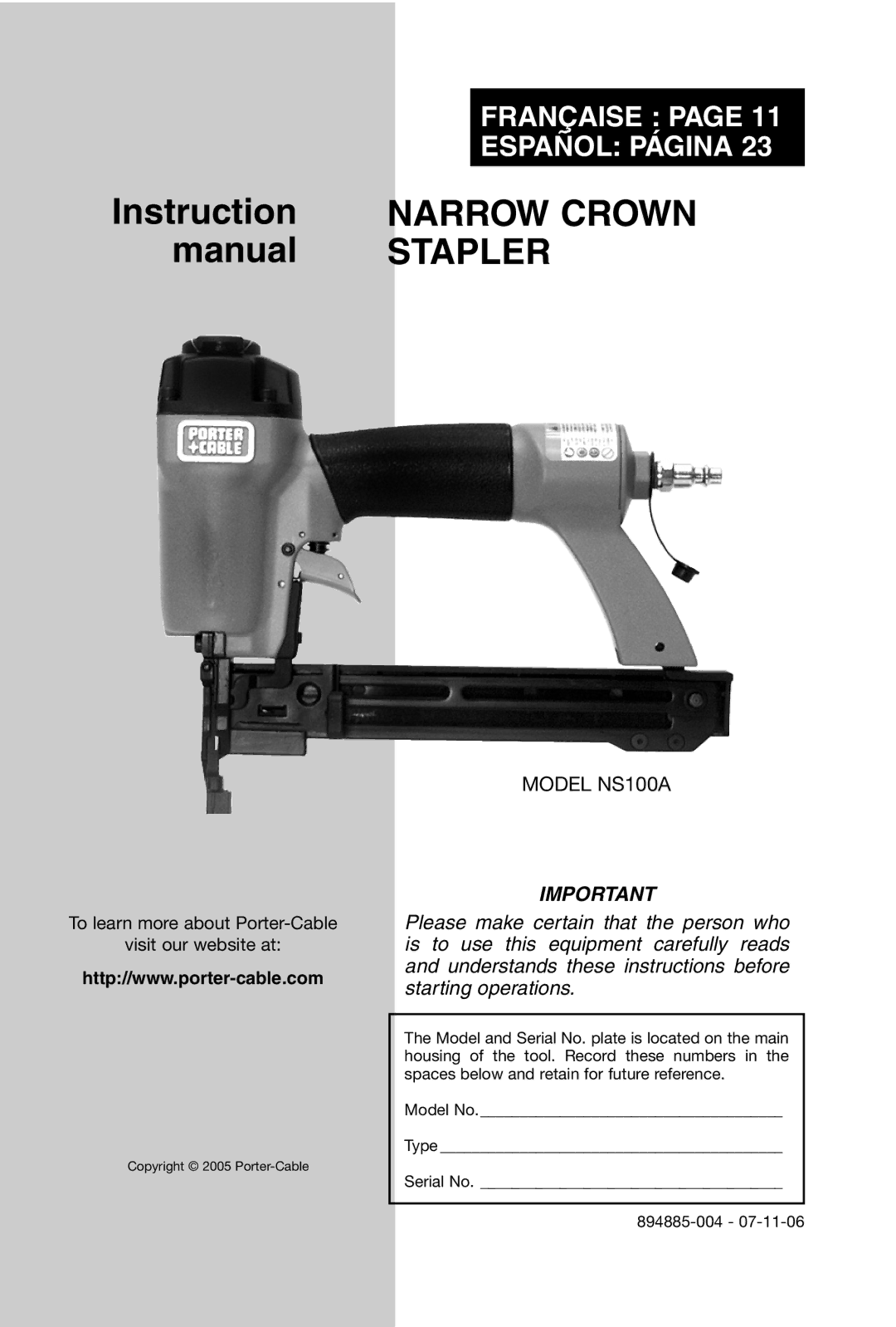 Porter-Cable NS100A instruction manual Instruction Narrow Crown Manual Stapler 